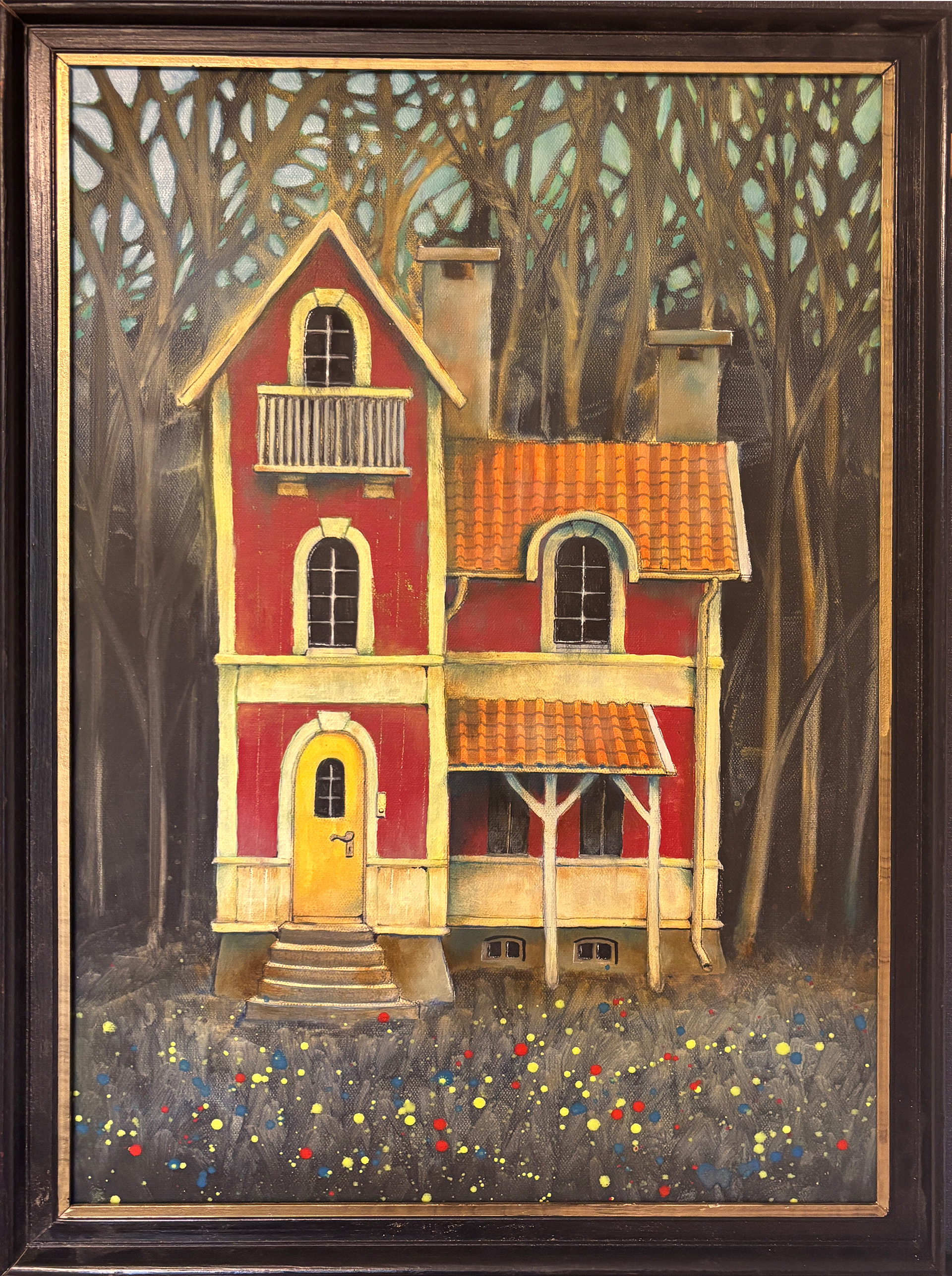 Det røde huset. Akryl og olje på lerret. 50 x 70 cm. Med ramme.