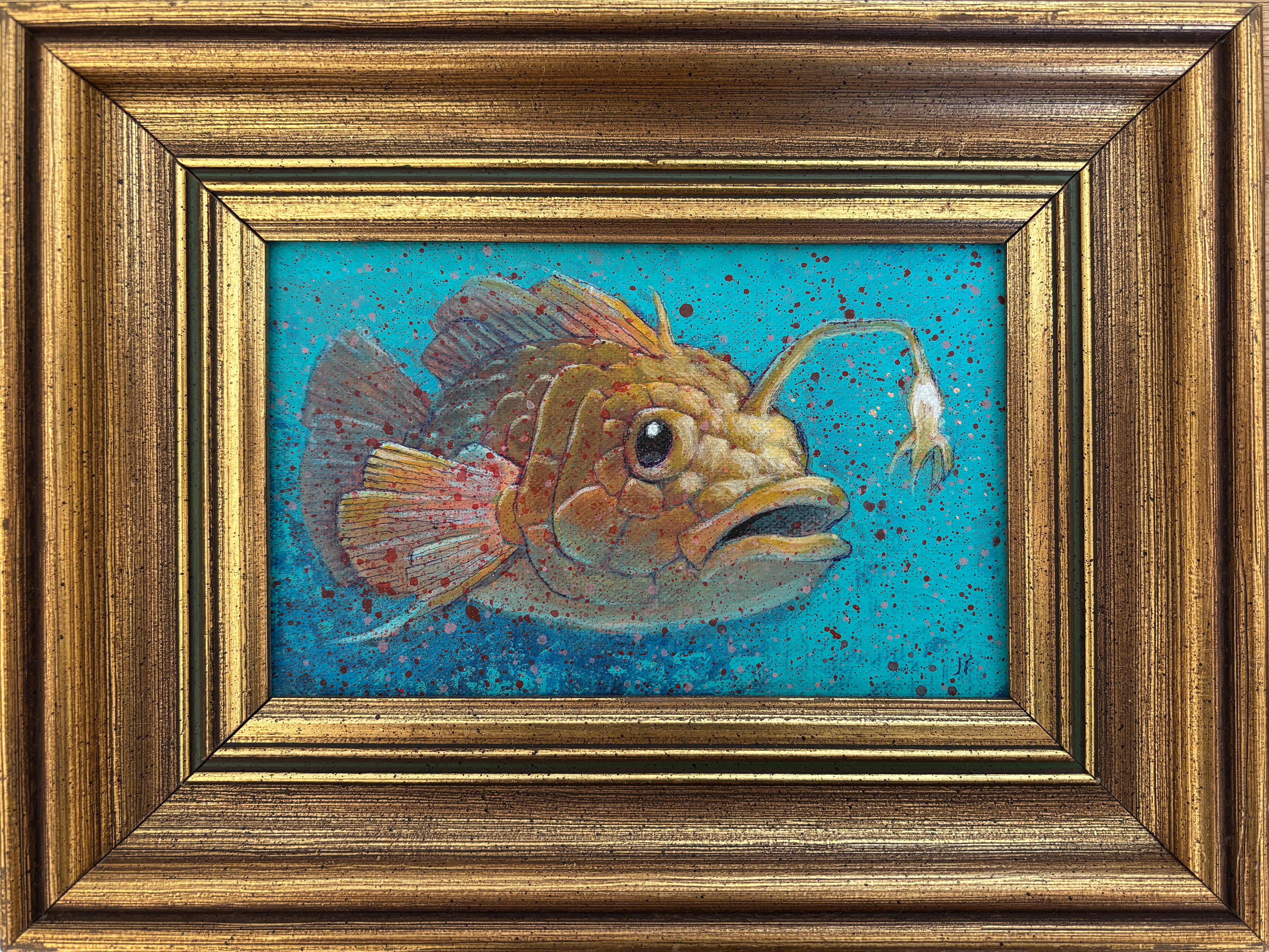 Phishing. Akryl og linlerret på plate. 20 x 26 cm inkludert ramme.