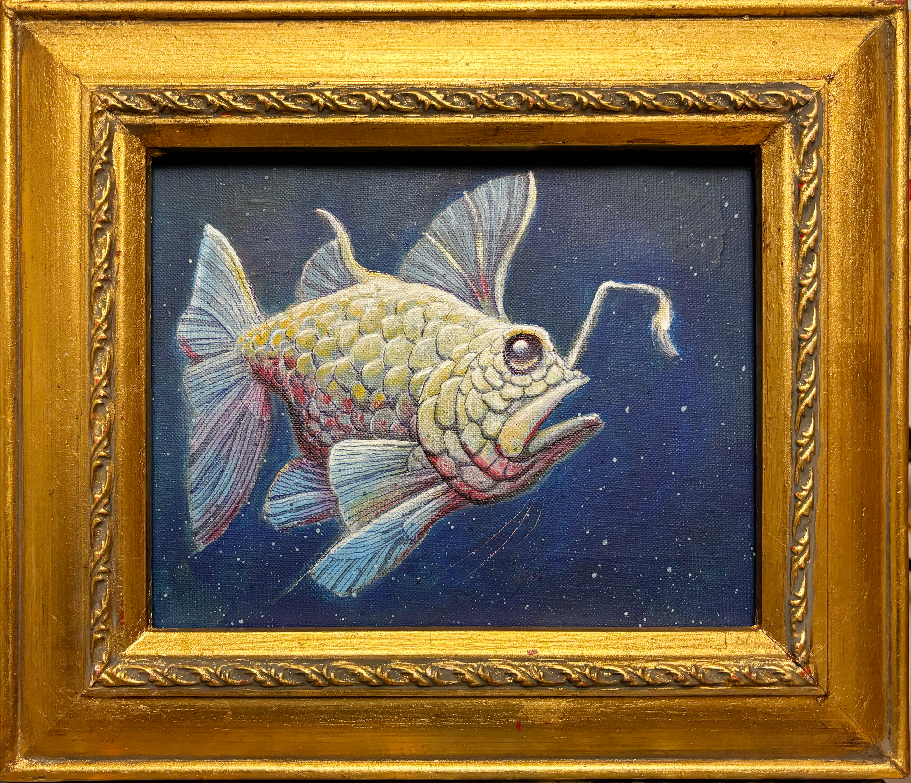 Hypnotisert. Akryl, og kulepenn på linlerret. 36 x 31 cm inkludert ramme.