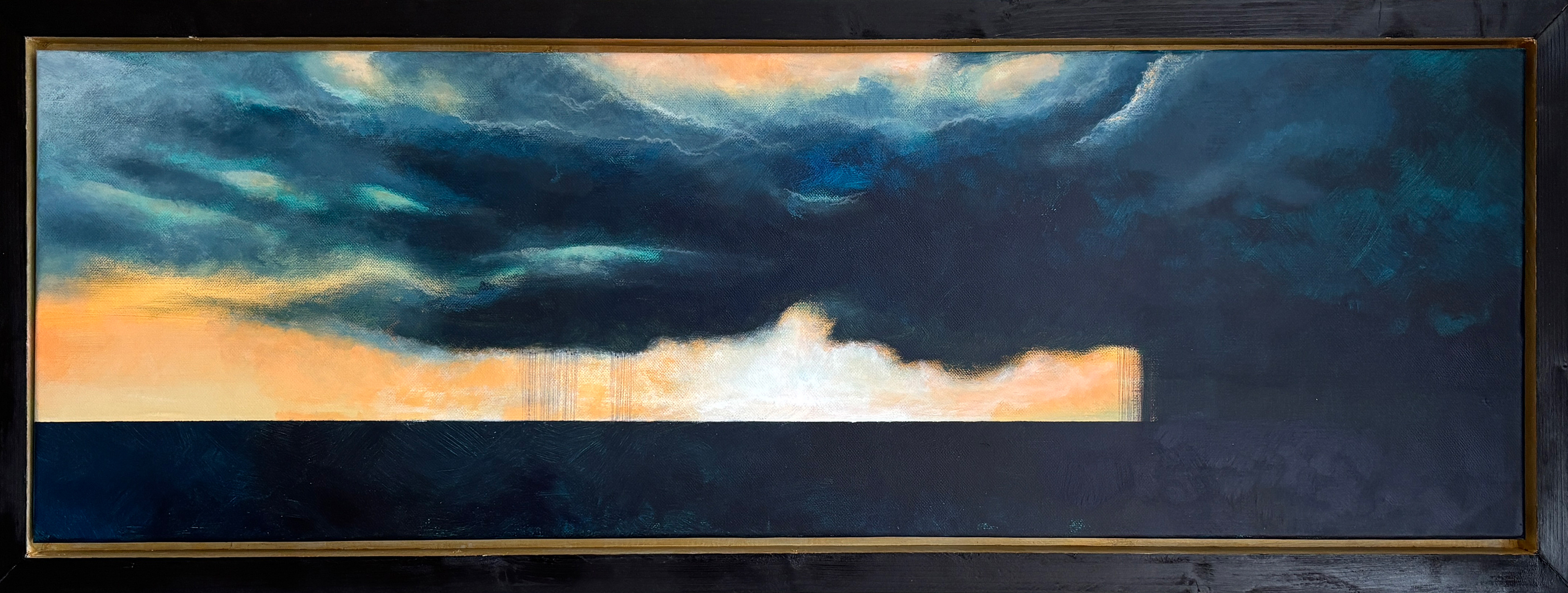 Skybrudd over innlandshavet. Akryl på linlerret. 38 x 105 cm inkludert ramme.