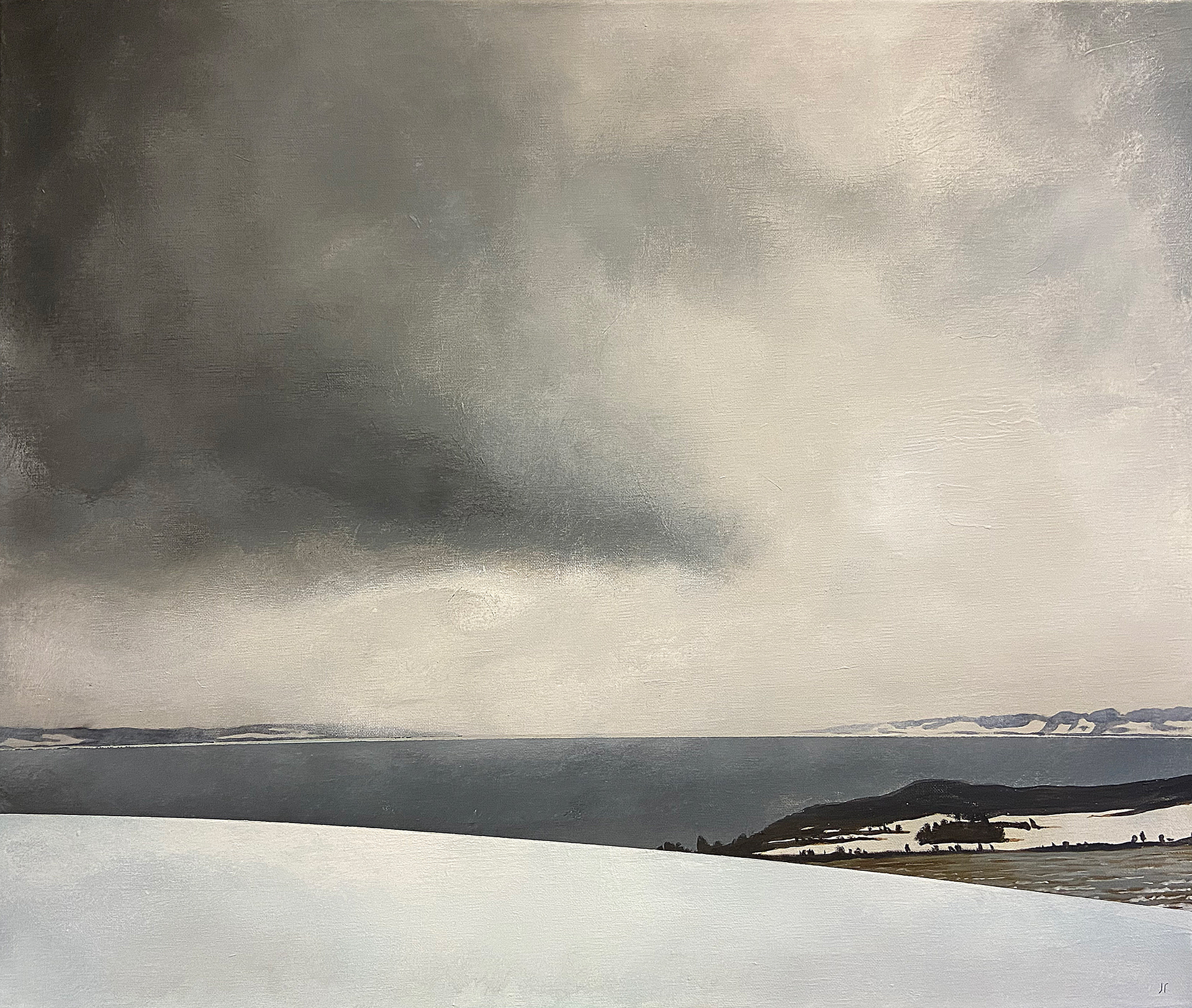 Vinter over Mjøsa. Akryl på linlerret. 65 x 55 cm.