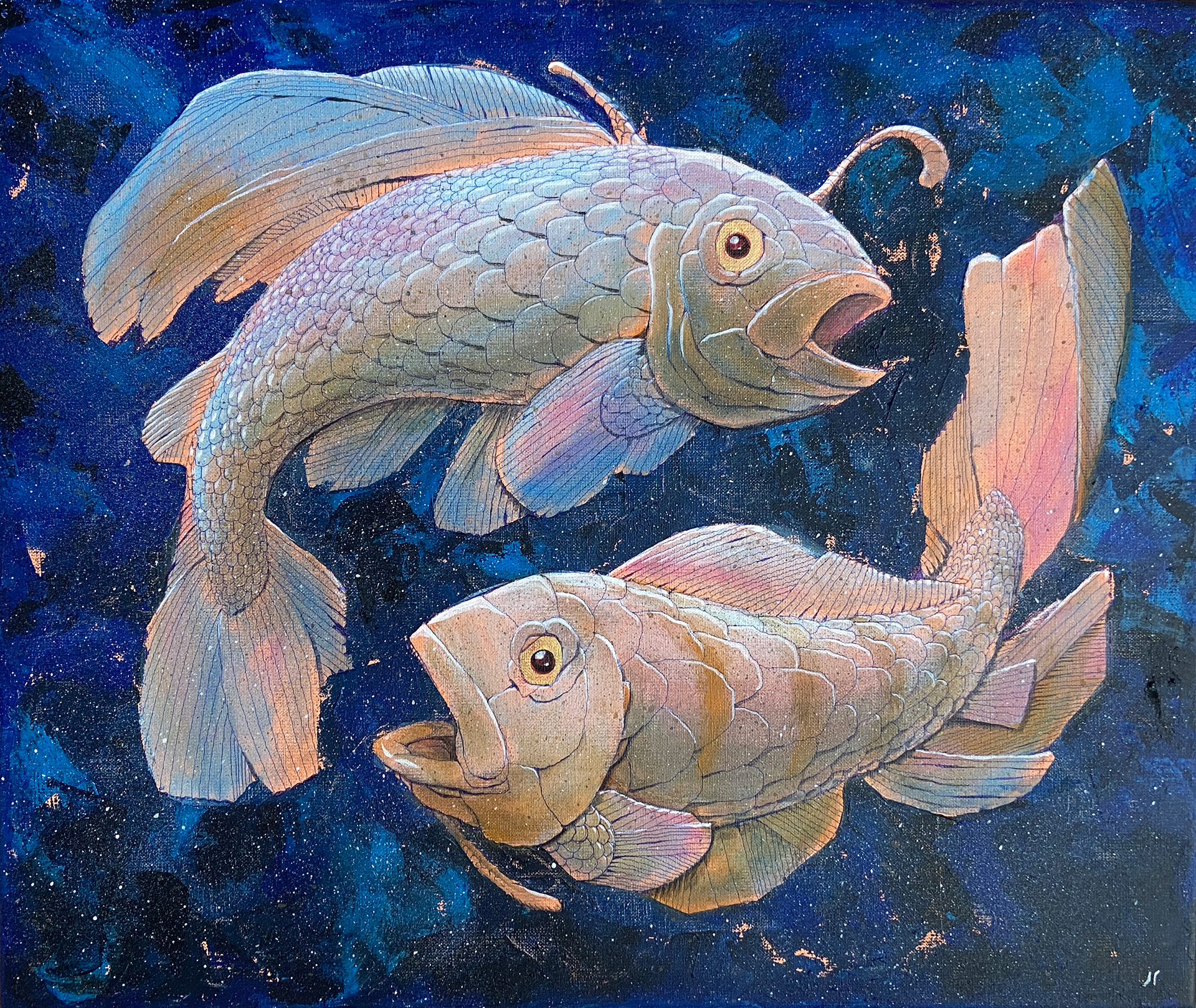 Something fishy. Akryl, olje, kulepenn. 60 x 50 cm.  Henger på Barnehuset på Hamar