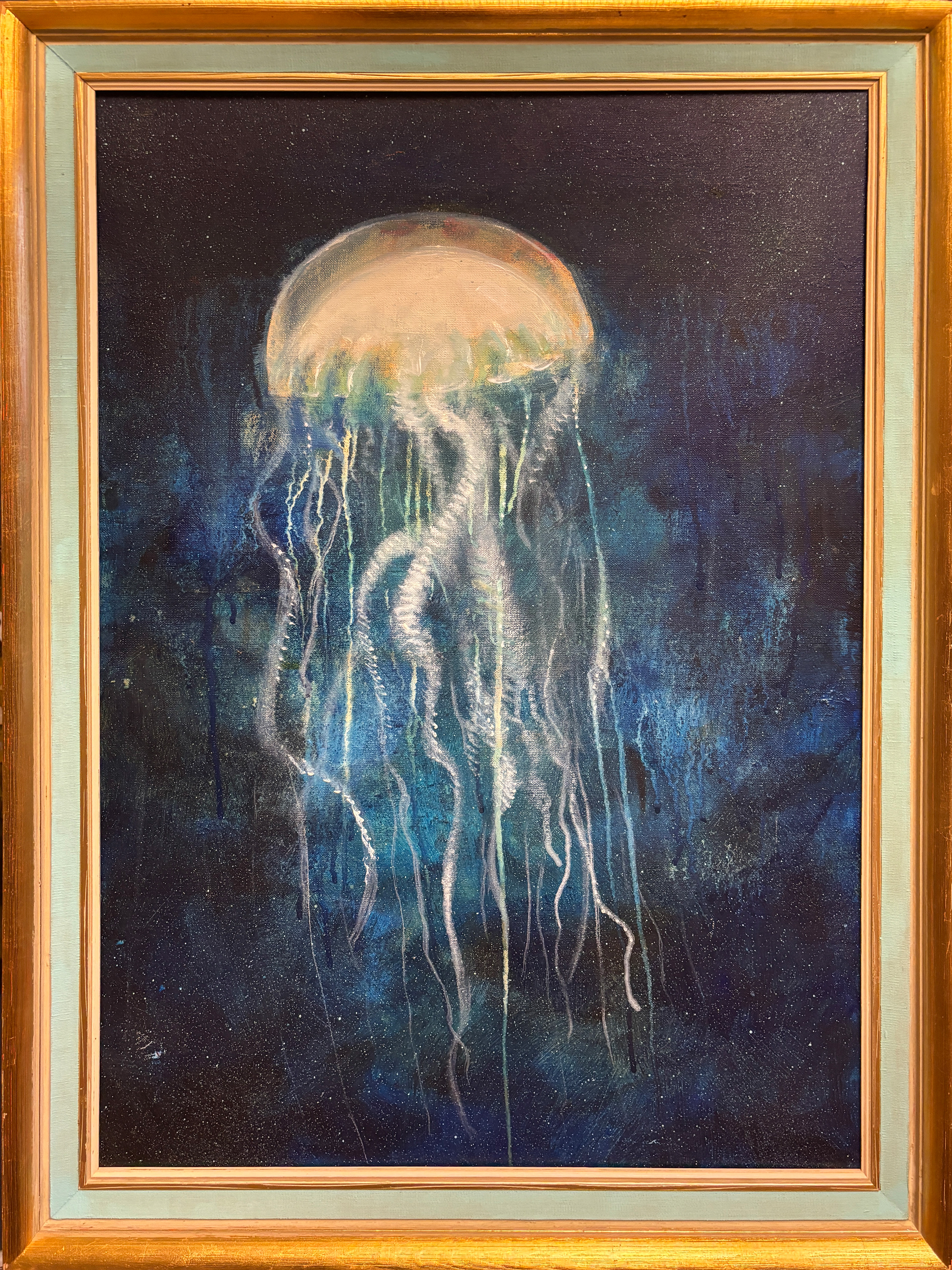 Tråder i hav. Akryl på linlerret. 57 x 79 cm inkludert ramme.