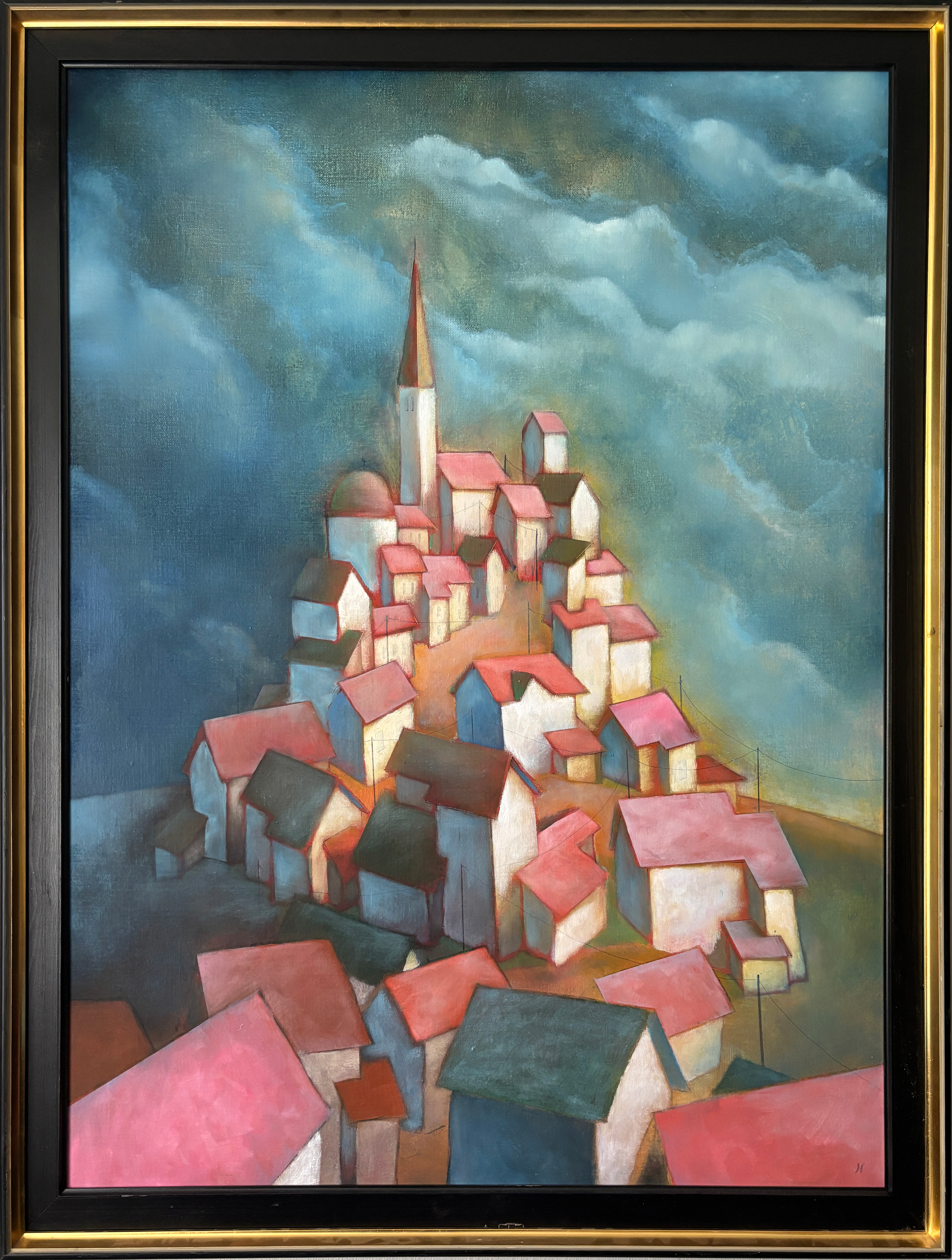 Landsby. Olje på linlerret. 78 x 102 inkludert ramme. 