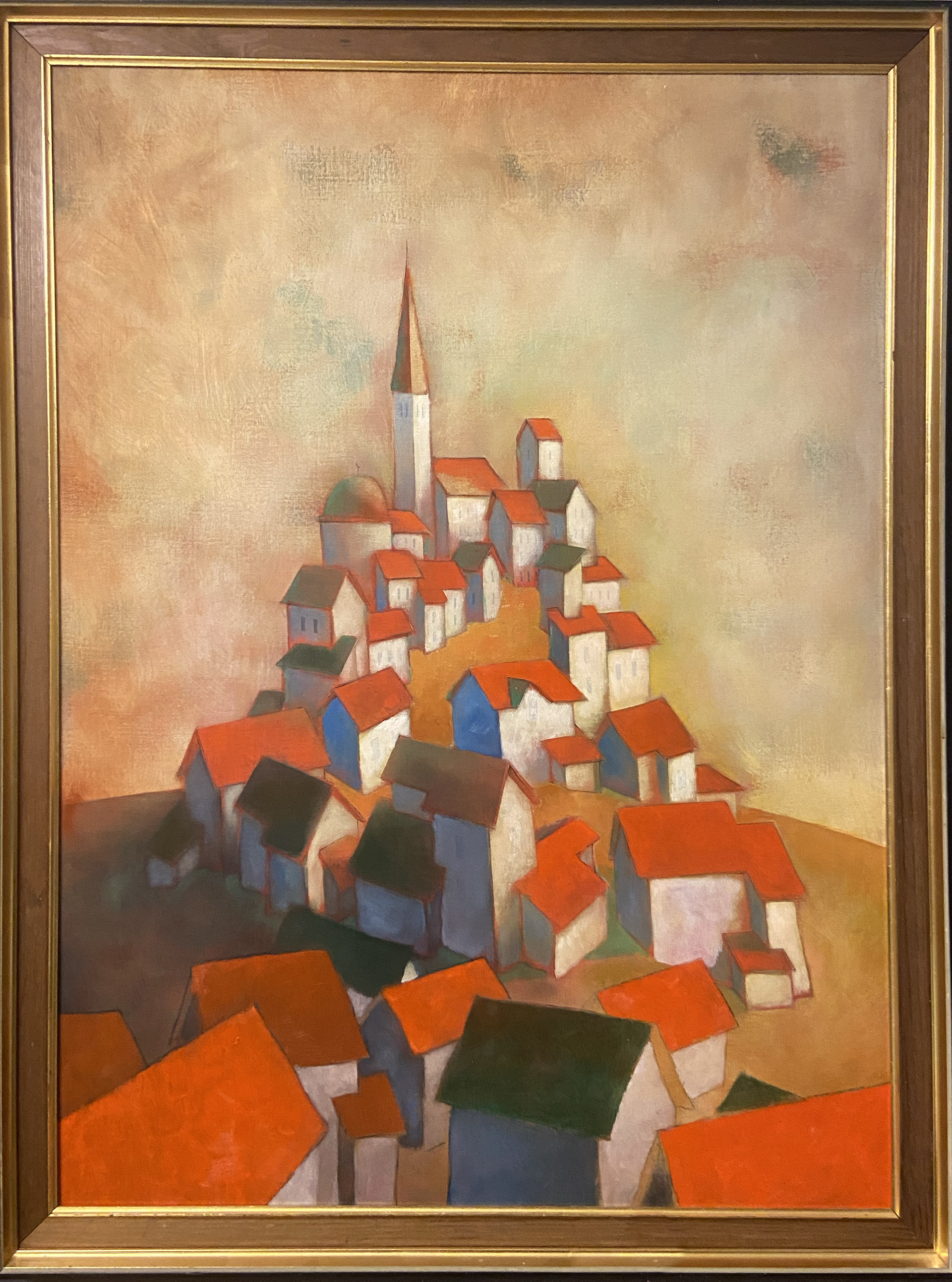 Landsby. Olje på linlerret. 78 x 102 inkludert ramme.