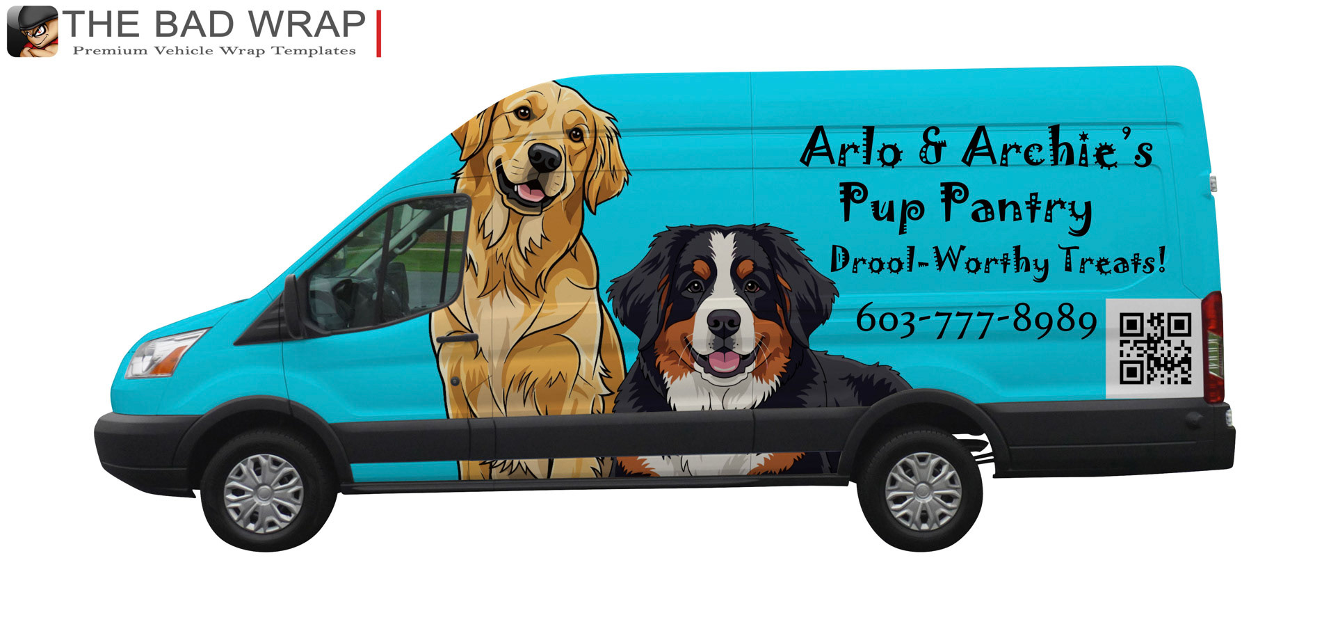 I designed this full vehicle wrap by building a cohesive visual system across all sides of the van, organizing playful dog-themed elements, bold branding, and clear contact information into a layout that stays readable in motion. I refined the color palette, hierarchy, and placement of graphics to ensure the design feels energetic, consistent, and eye-catching from every angle. 