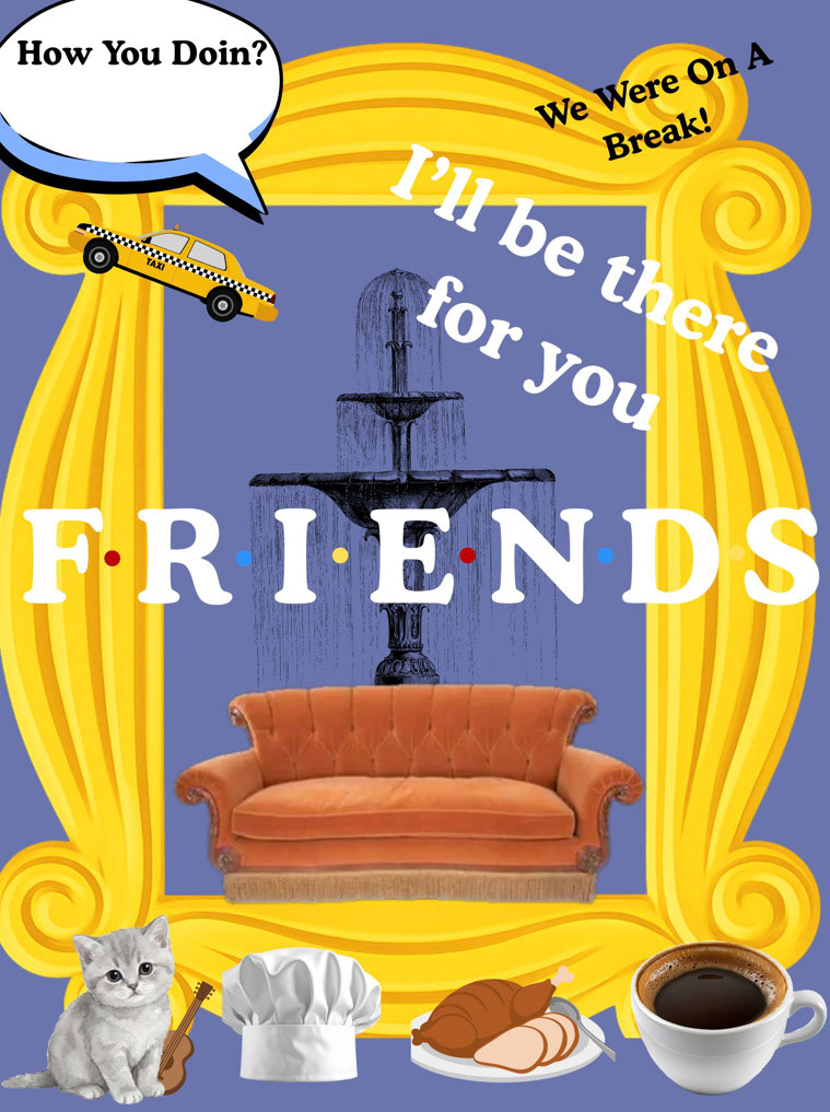 I designed this collage by illustrating and isolating iconic show elements, then arranging them in a balanced composition while layering color, typography, and character-driven symbols to build a cohesive visual tribute to the series. 