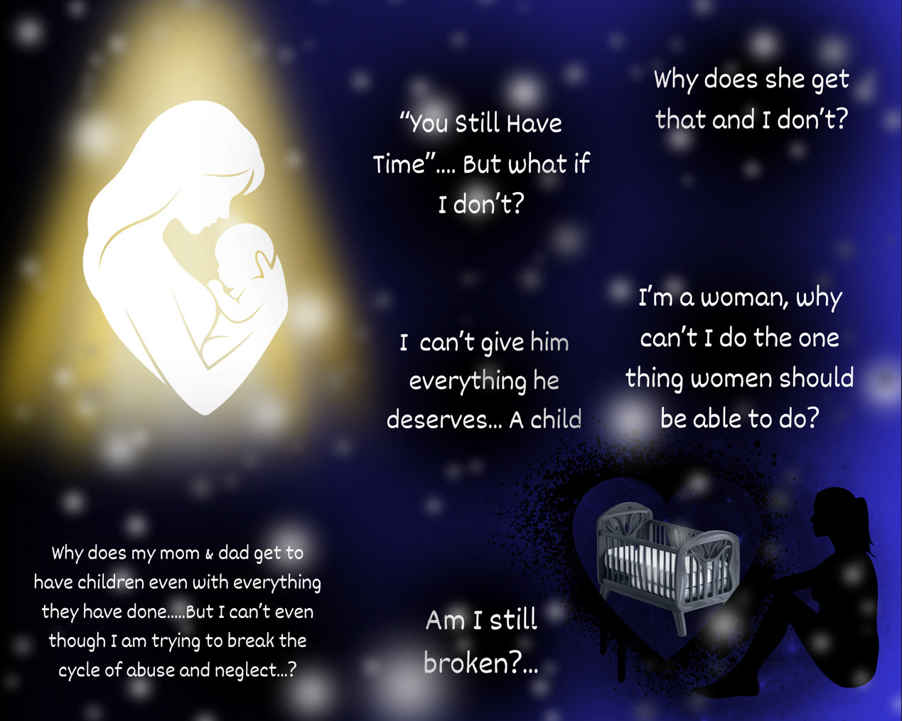 I created this infertility-focused trauma design by contrasting warm, hopeful imagery with darker, isolating silhouettes, layering emotional text and soft glows to visualize the tension between longing, grief, and the internal dialogue that shapes this experience. 