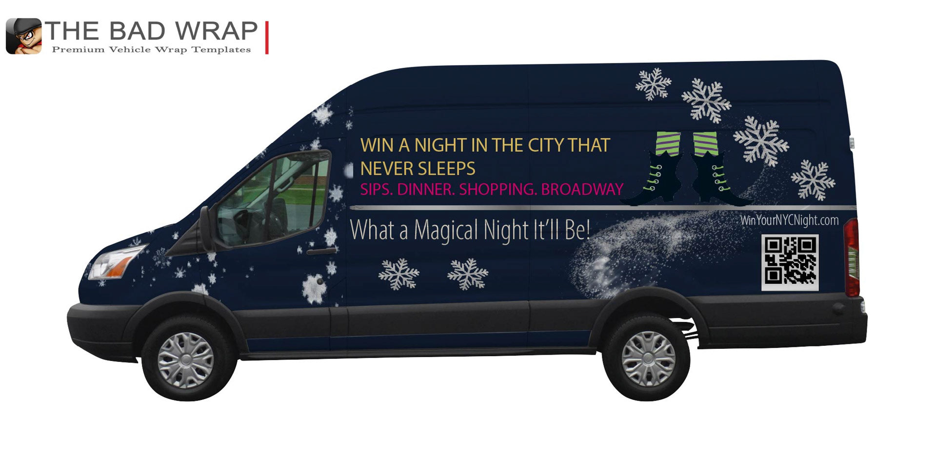 I designed this full vehicle wrap by building a unified visual system that captures the excitement of a night out in New York City. I organized the event messaging, themed graphics, and supporting icons across all sides of the van, refining the color palette, hierarchy, and layout to keep the design bold, readable, and immersive from every angle. 