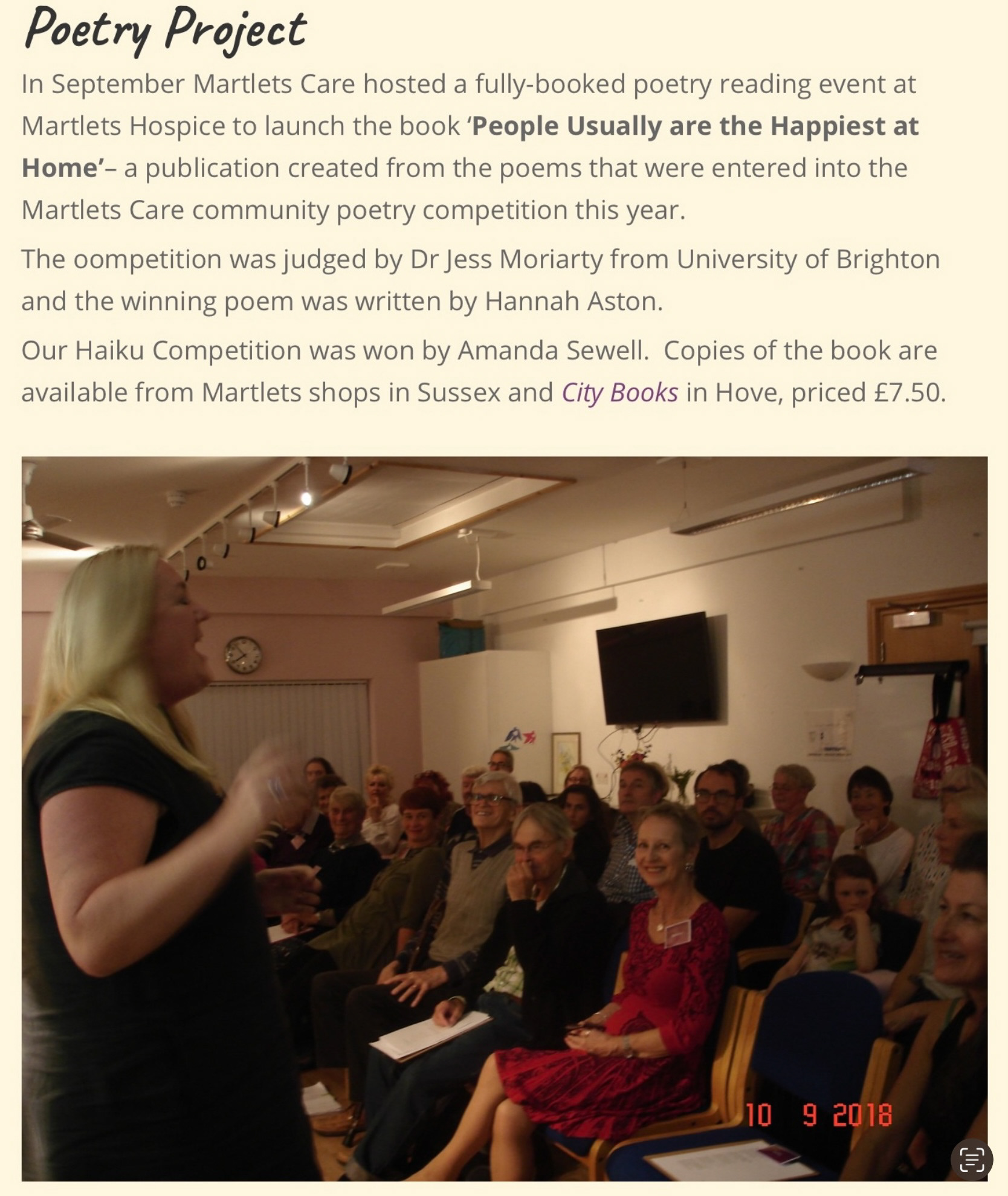 Creating Events & all promotional materials - Poetry Reading & Book Launch, Martlets Hospice