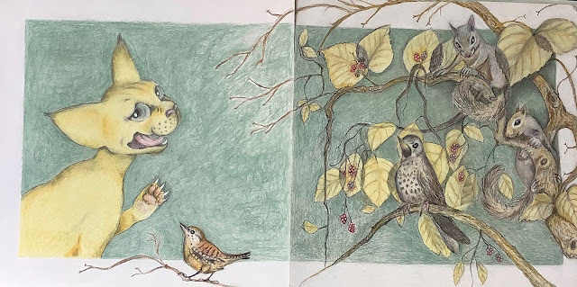 Oh No Flo with the birds and squirrels - oil & pastel pencil - Lois Pawson