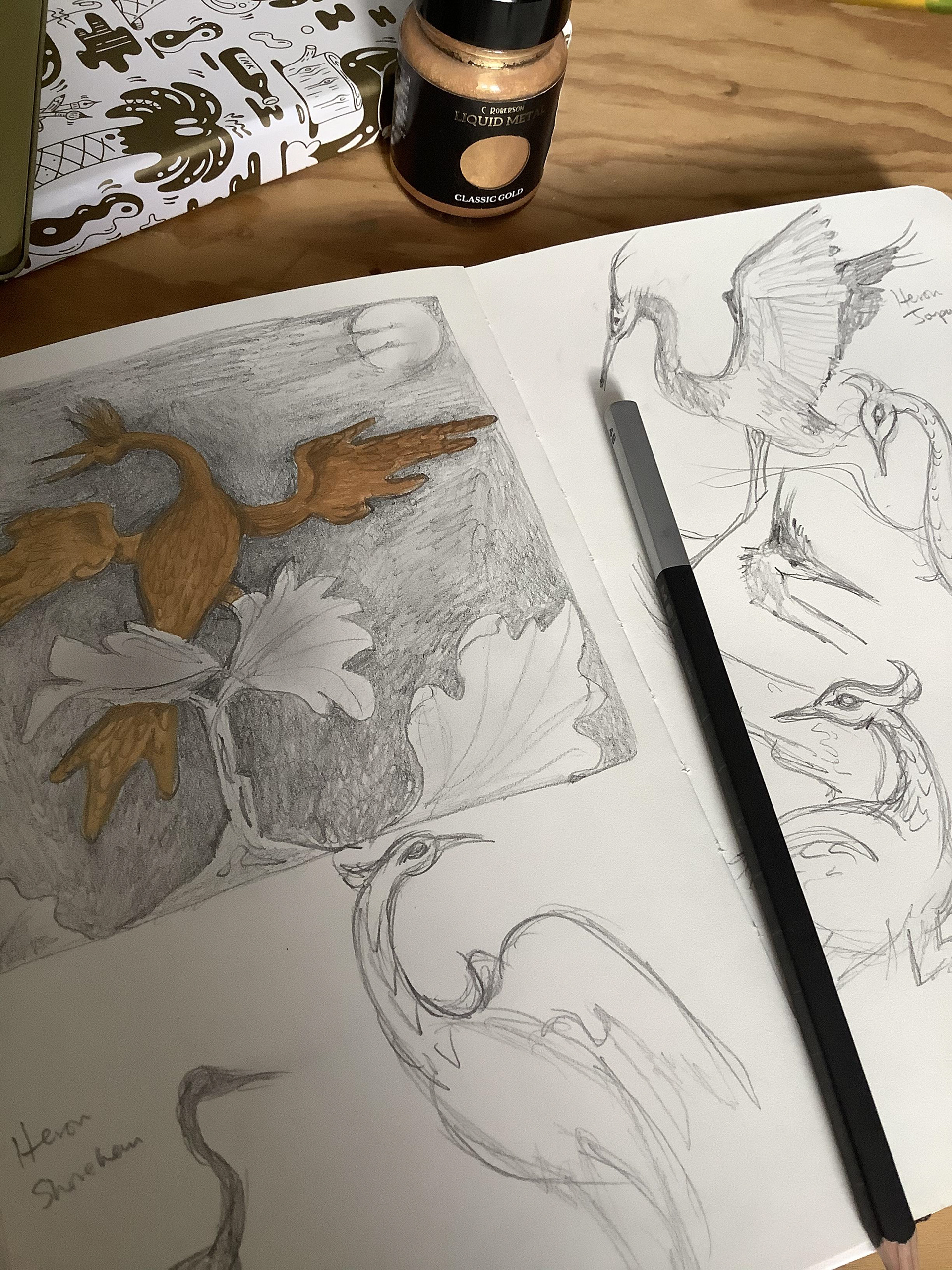 Ho Ho Birds - Illustration Process - Blackwing Pencil & Gold - Lois Pawson - 2024
