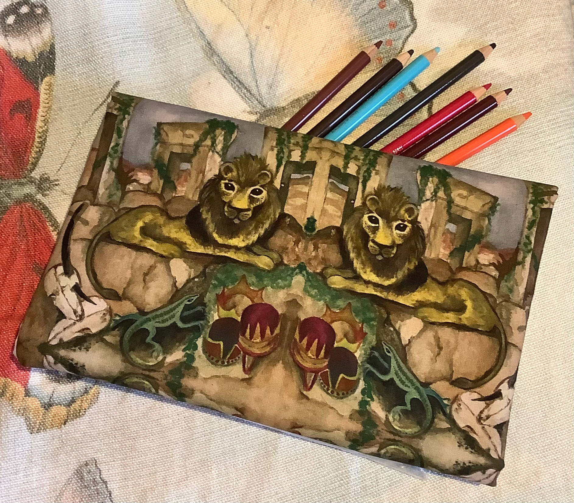 Lion & Lizard Printed Linen, made into bags, 2022