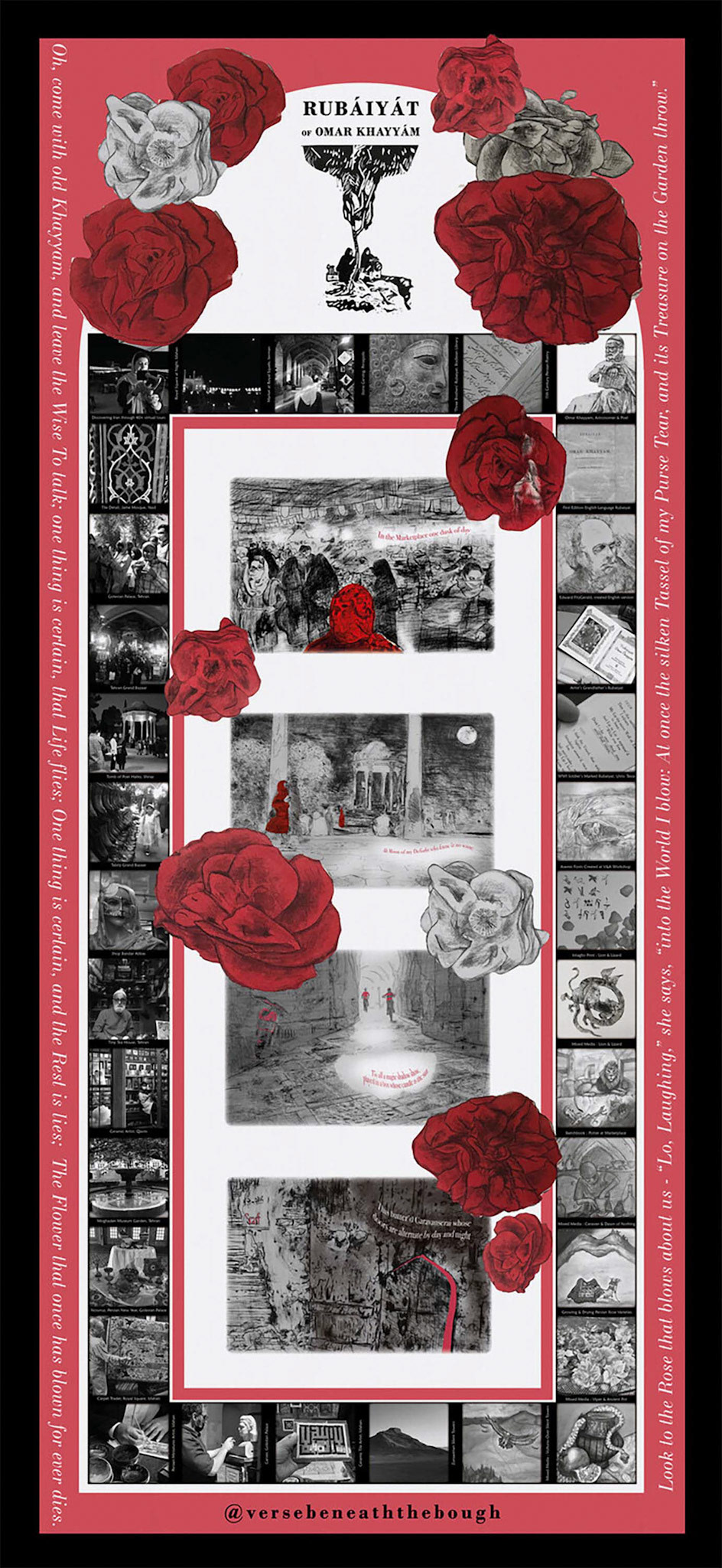 Rubaiyat Printed Silk Scarf - Digital Print based on Drypoint & Chine Colle Illustrations - Lois Pawson 2022