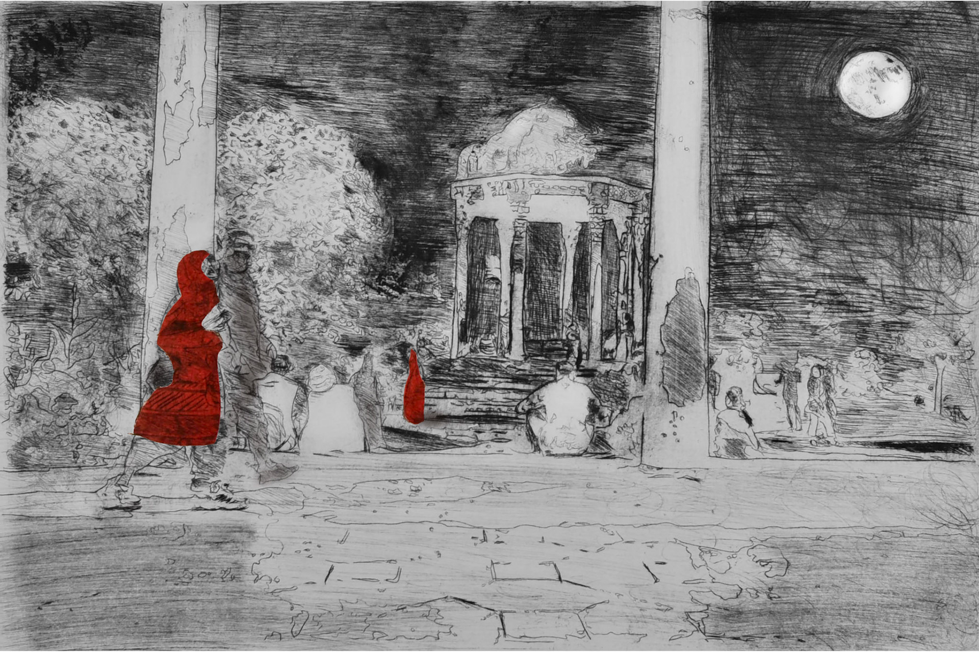 Rubaiyat Moonlit Garden - Drypoint & Chine Colle Illustration - Lois Pawson - 2022