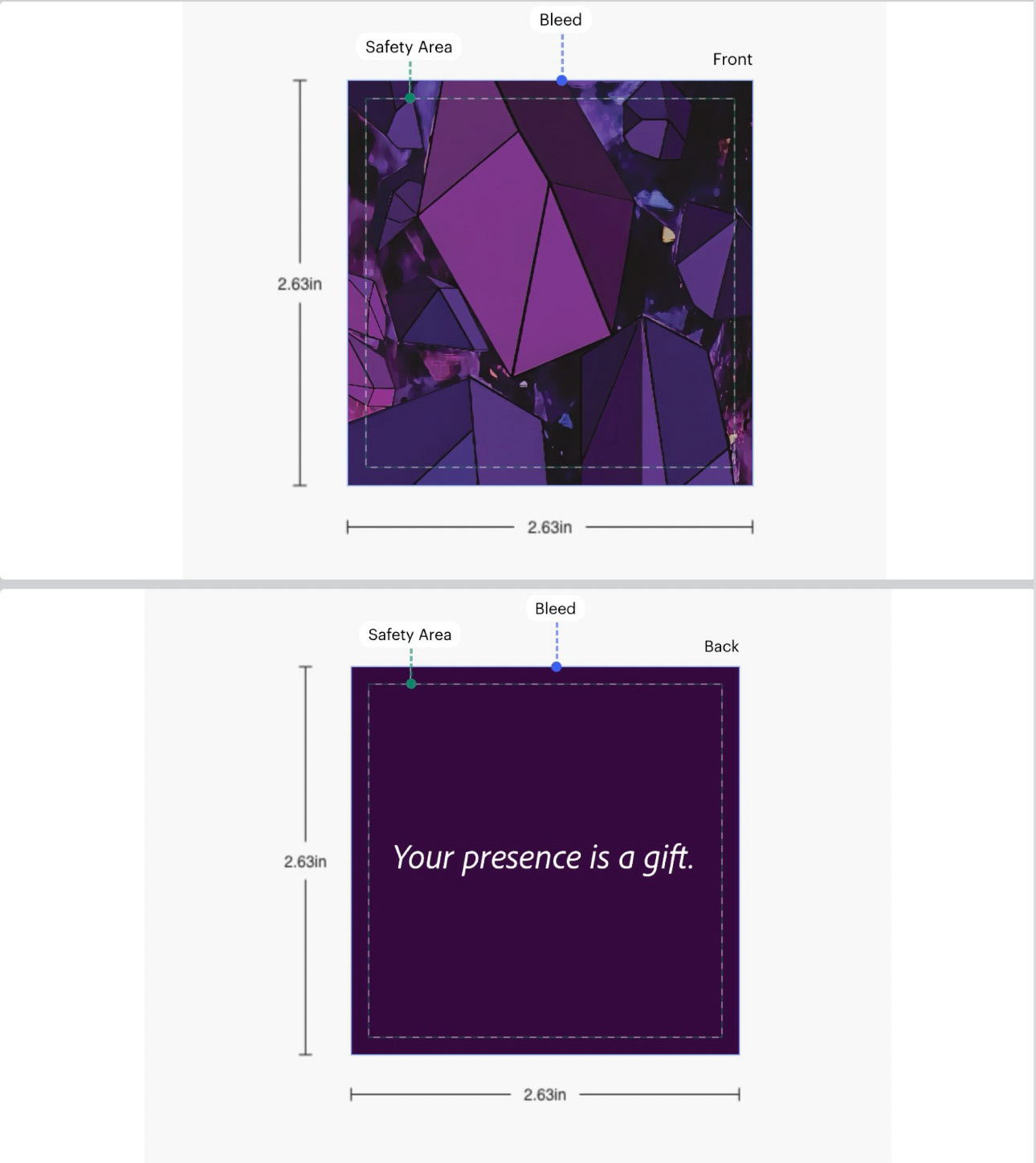 A amethyst share business card with dimensions 