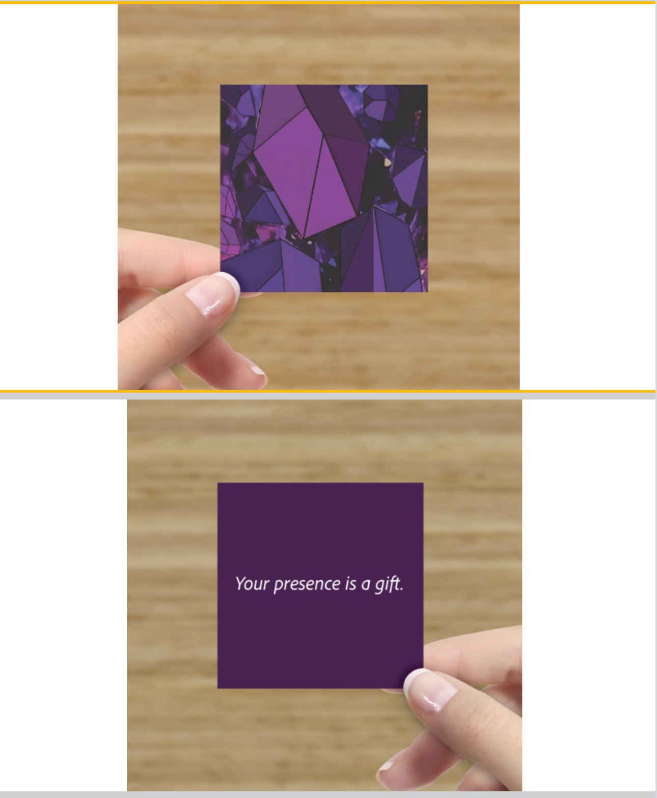 final product of a amethyst business card with a friendly quote " your presence is a gift"