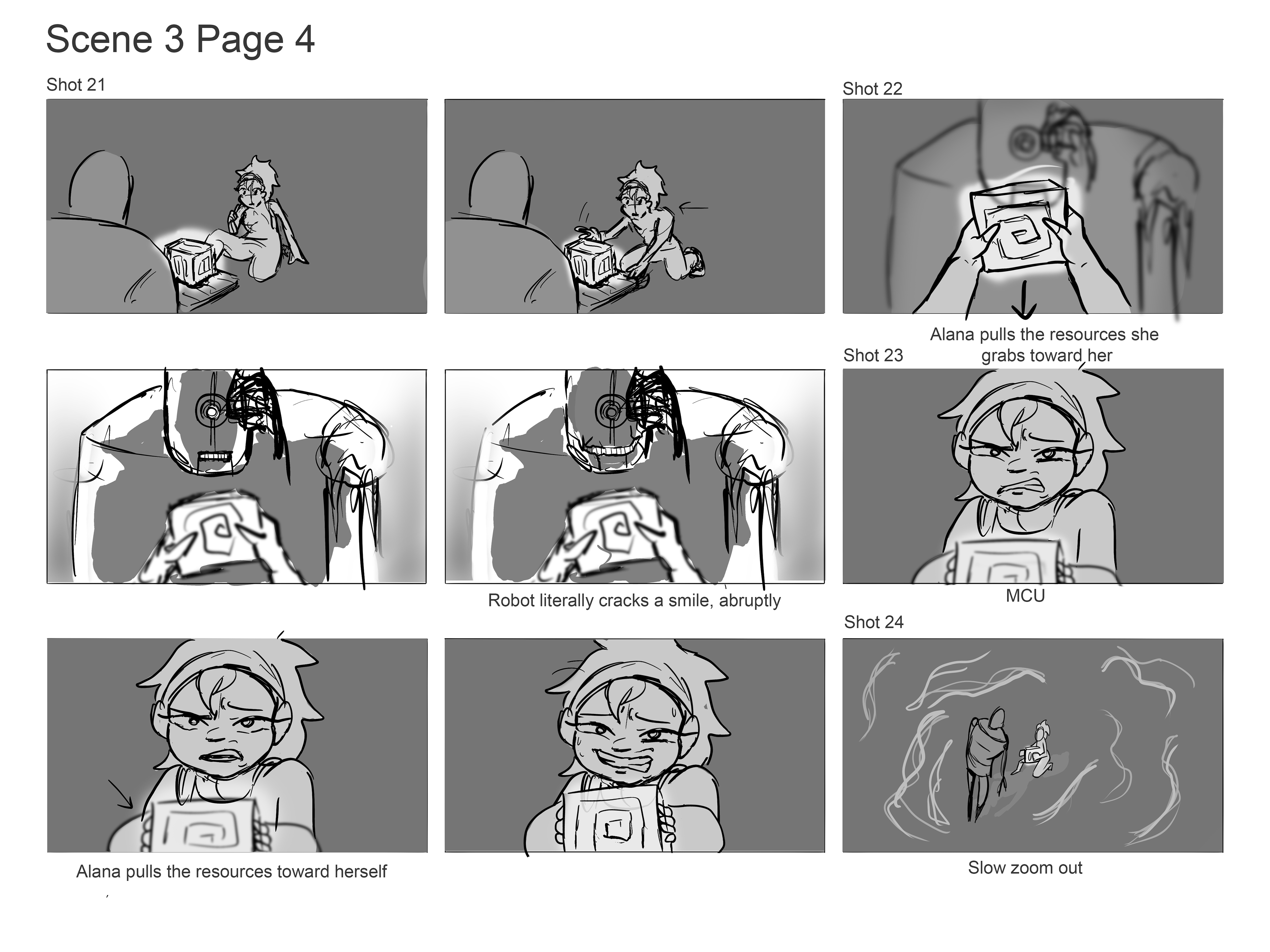 Cleaned up storyboard roughs, art only