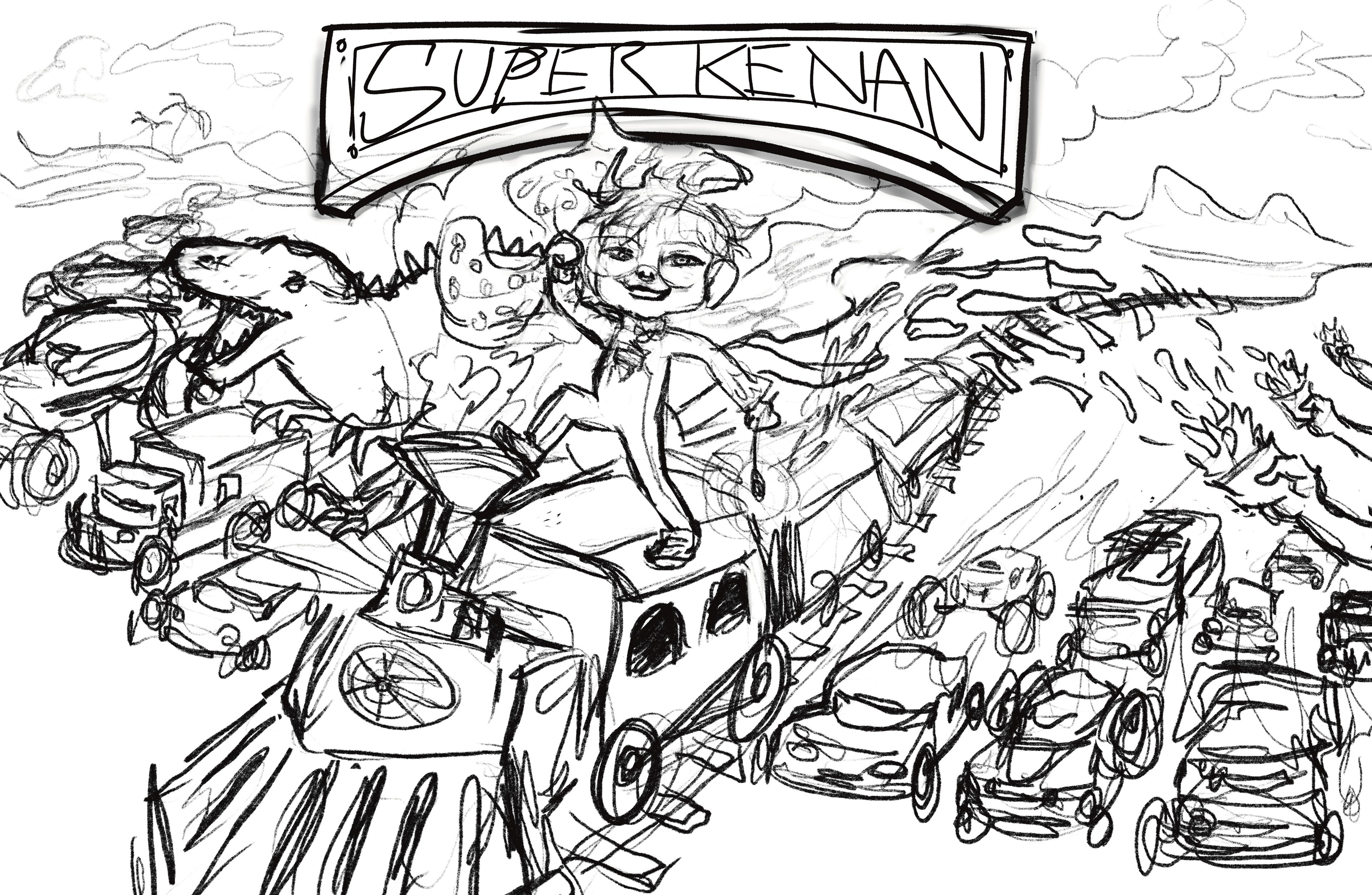 Sketch for The Superhero Project "Super Keenan" Project. Here I had misspelled 'Keenan'.