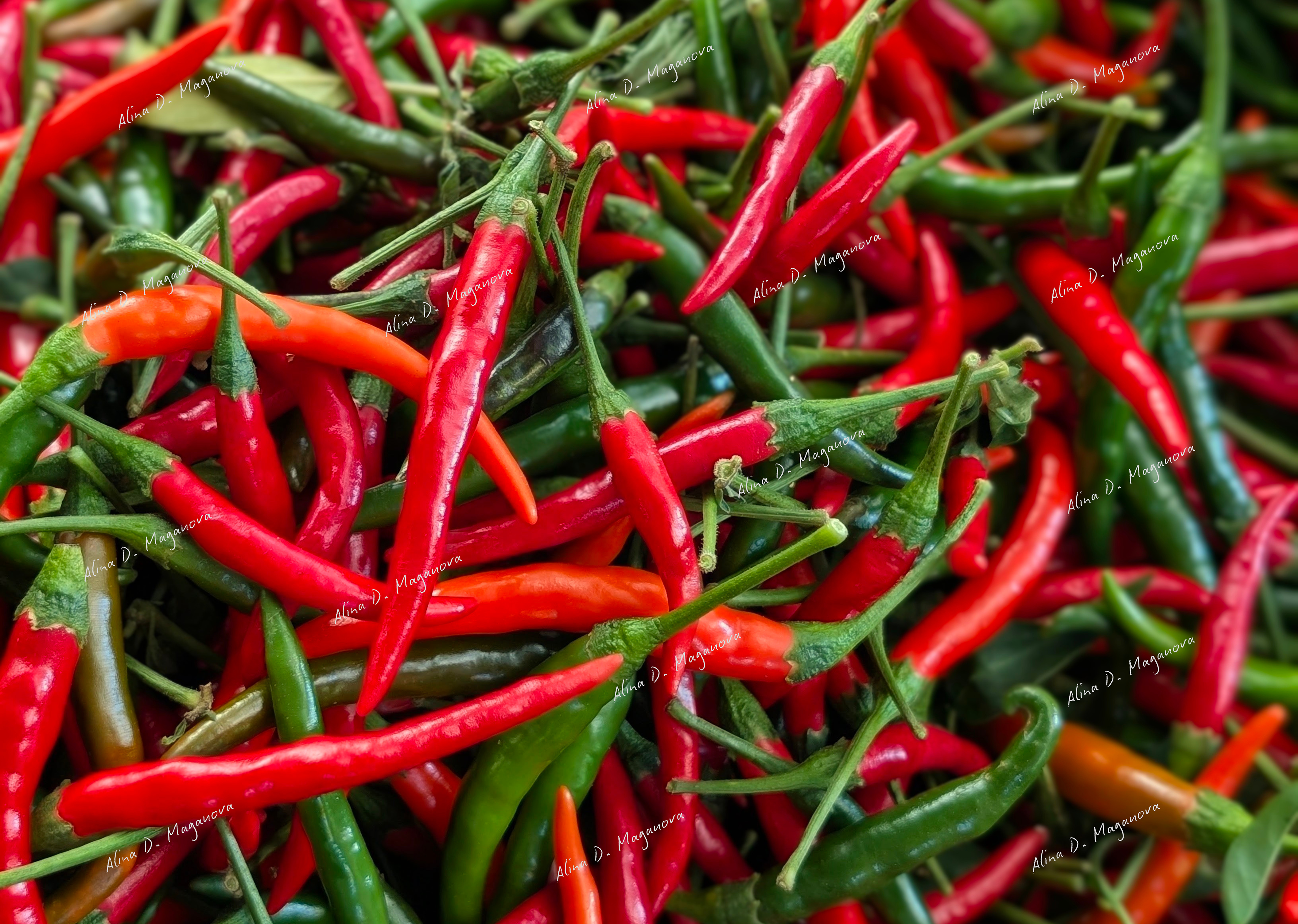 organic red and green chili peppers at farmers market