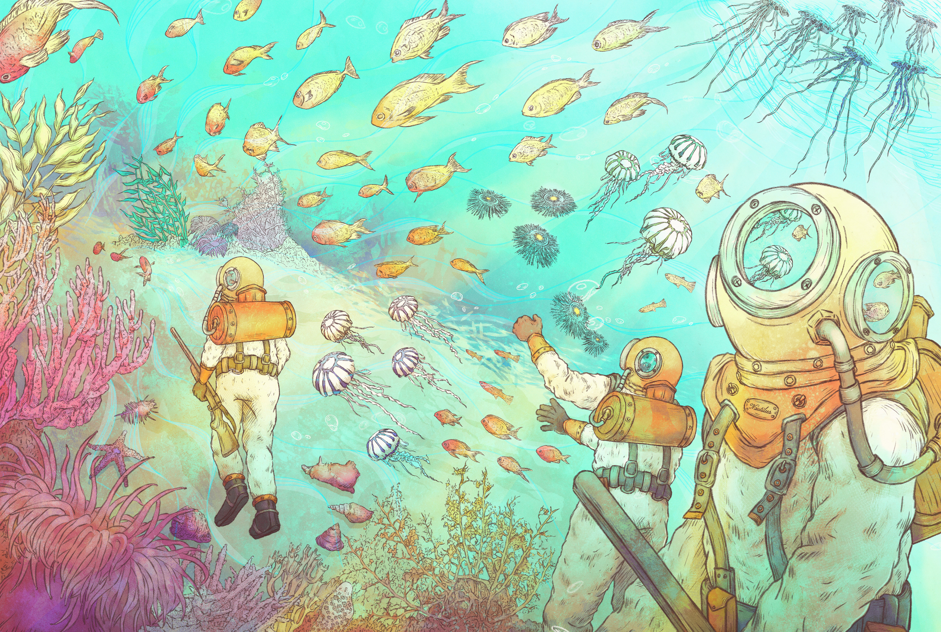 Alternative color for Double-page spread illustration for chapter 16 of the book 20,000 Leagues Under the Sea