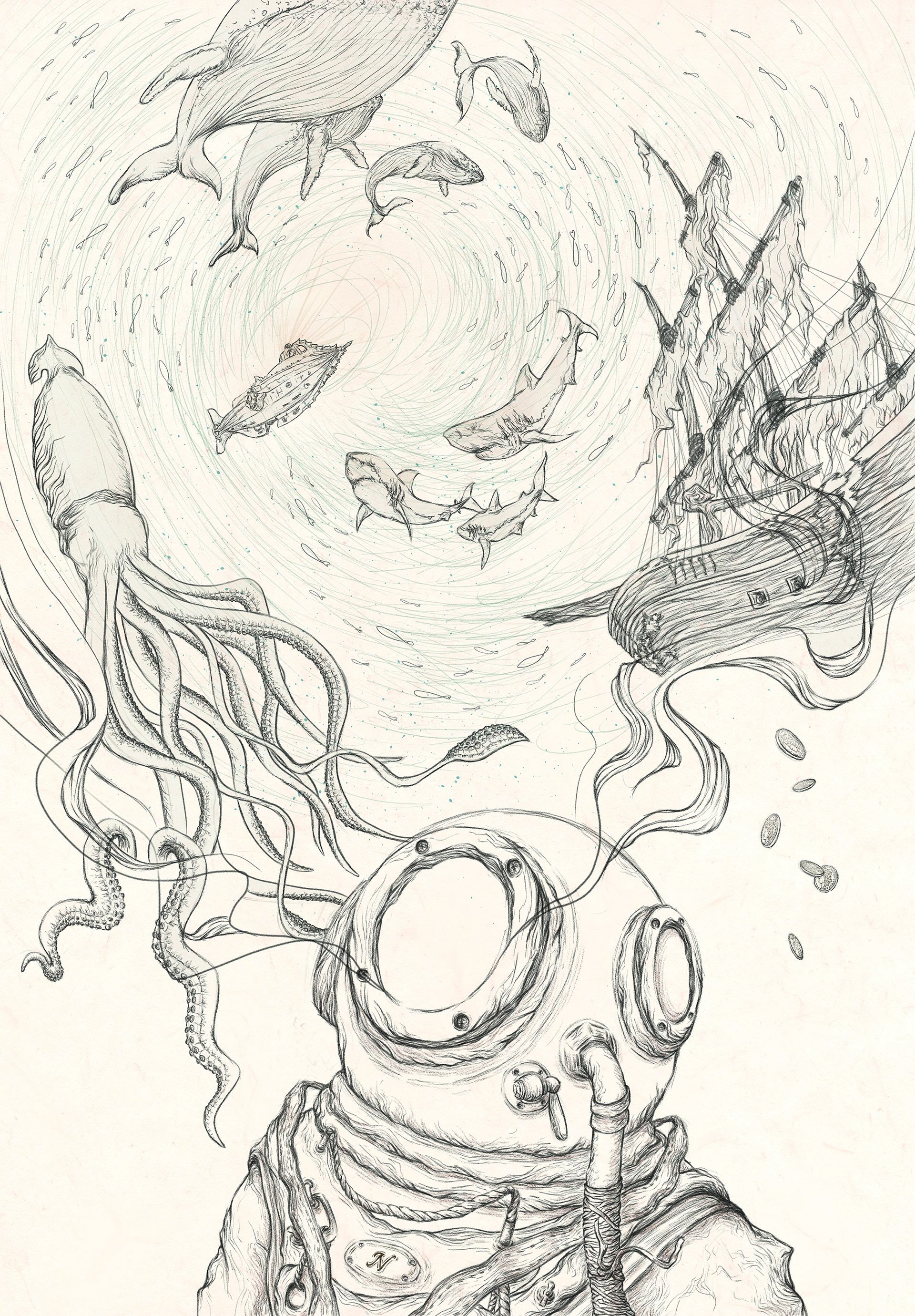Lineart of cover illustration for the book 20,000 Leagues Under The Sea