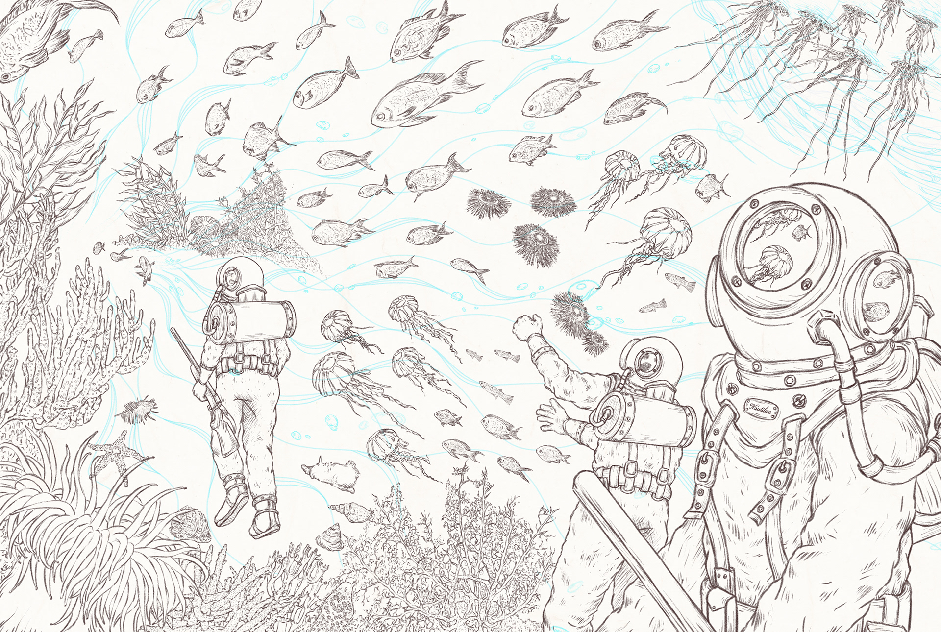 Lineart of Double-page spread illustration for chapter 16 of the book 20,000 Leagues Under the Sea