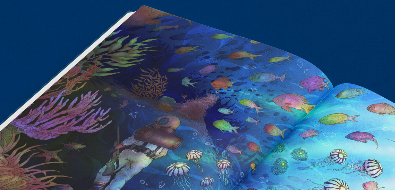 Double-page spread illustration for chapter 16 of the book 20,000 Leagues Under the Sea