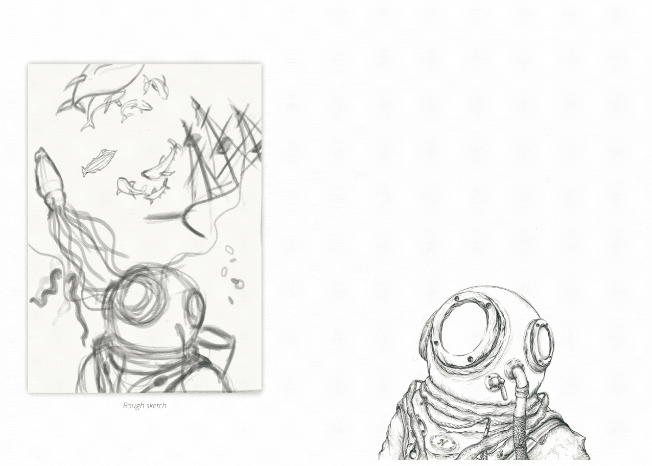 Process of cover illustration for the book 20,000 Leagues Under The Sea