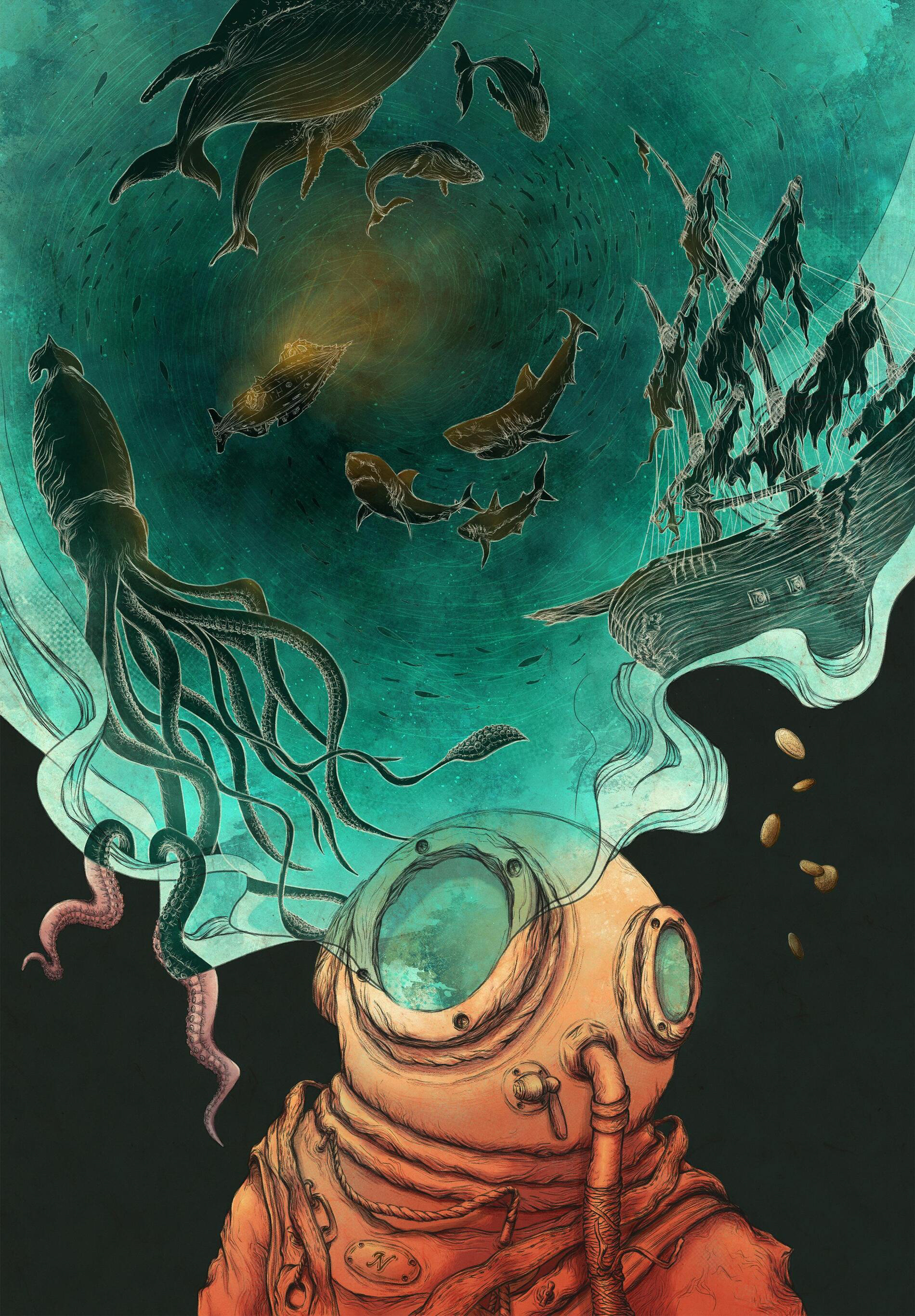 Cover illustration for the book 20,000 Leagues Under The Sea