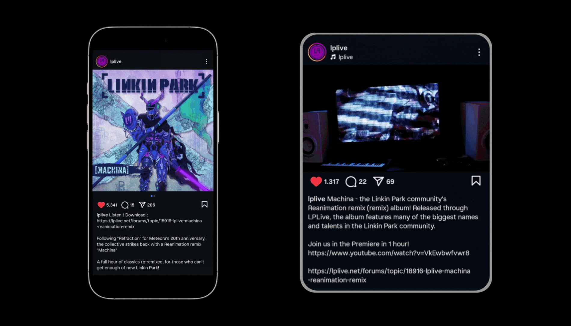 Social media posts of cover illustration for Machina [Reanimation Remix], a tribute album by the Linkin Park fan community