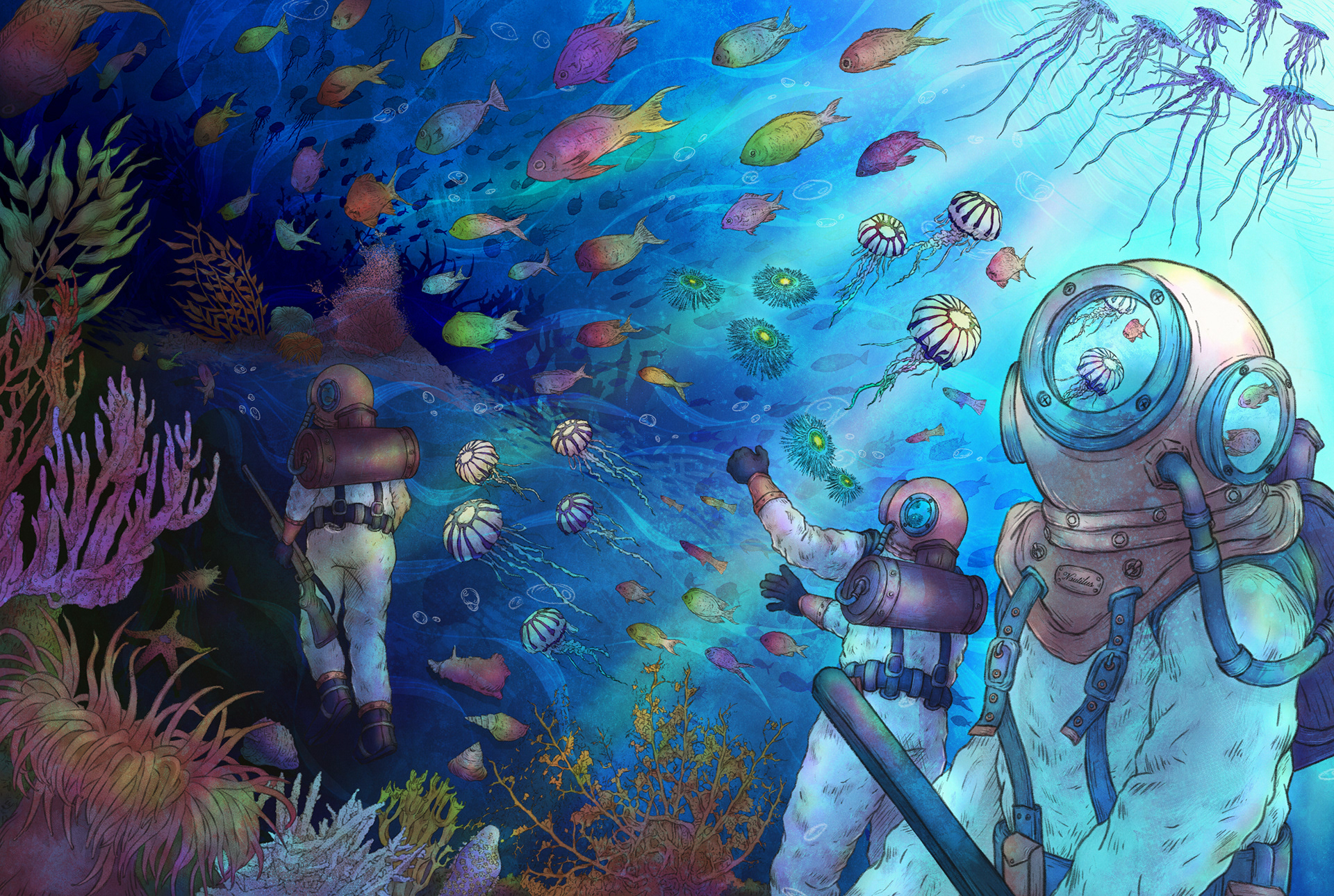 Double-page spread illustration for chapter 16 of the book 20,000 Leagues Under the Sea