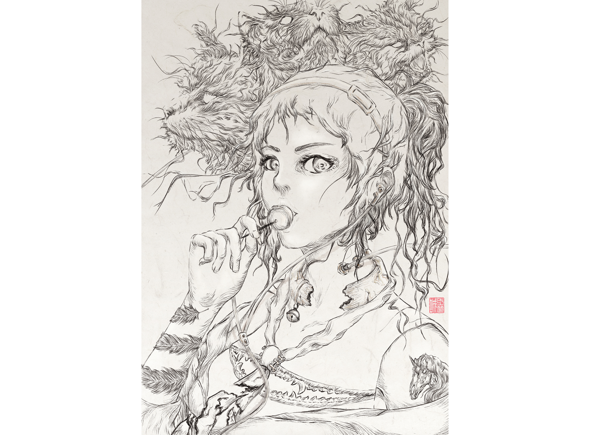 Lineart of illustration for the cover of the concept magazine art lune
