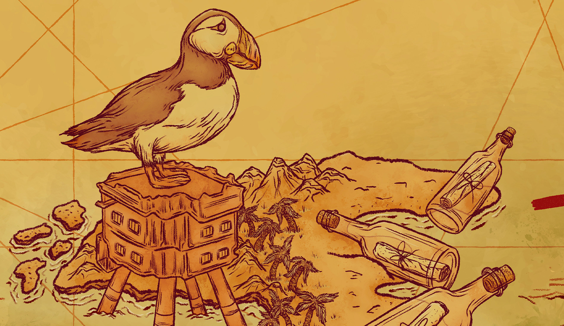 detailed treasure map illustration with puffin bird and bottles