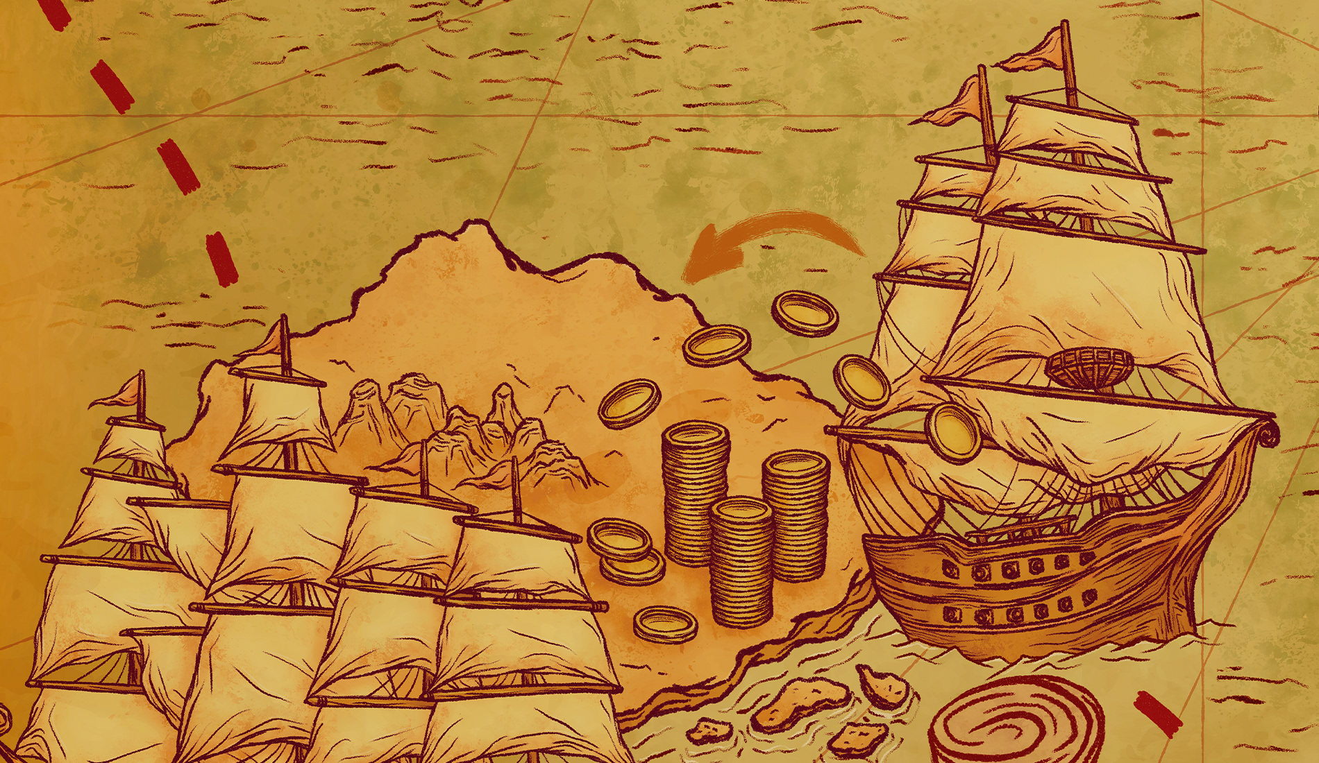 detailed treasure map illustration with ships and coins