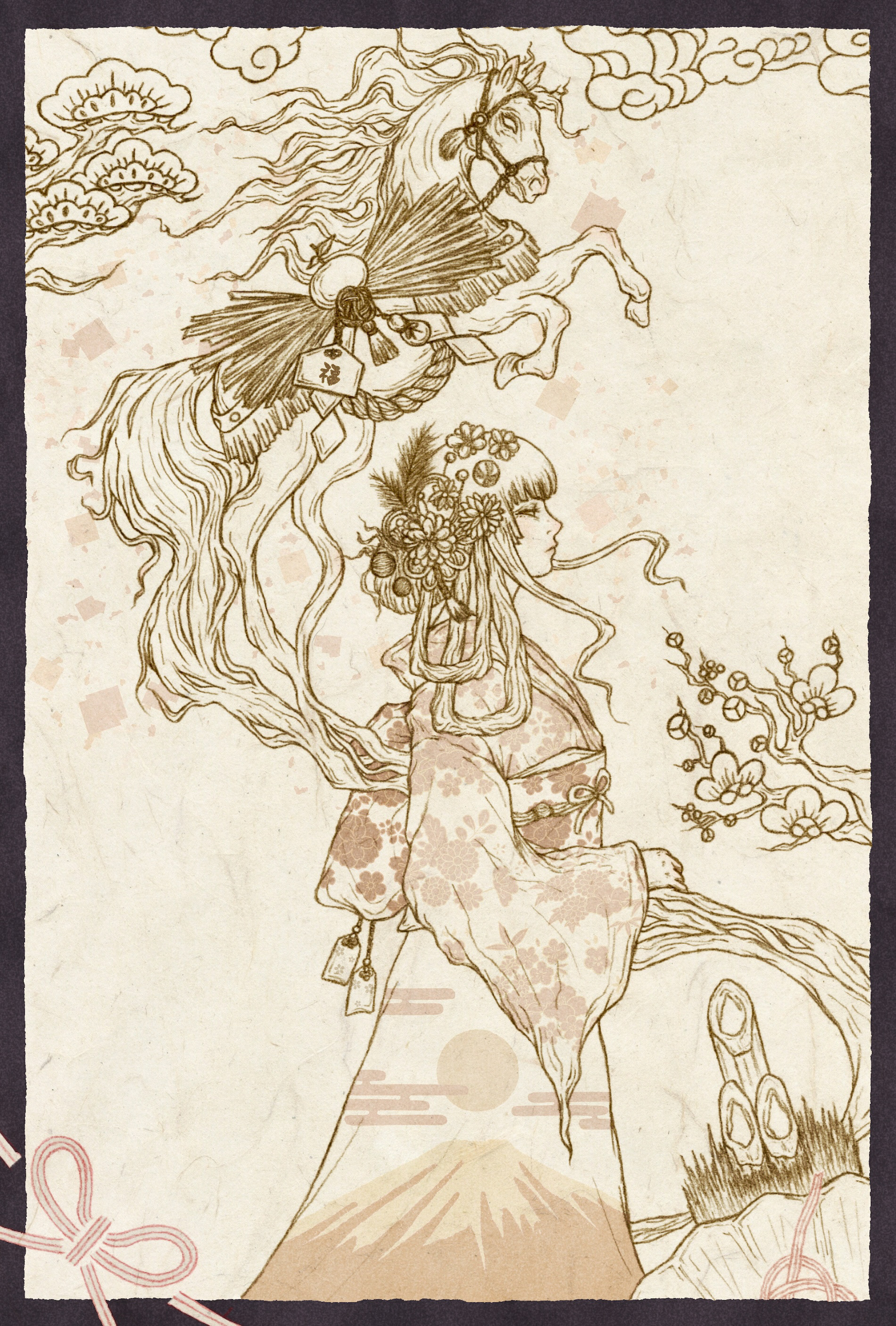 Lineart of the illustration for Japan Post 2026 New Year postcard