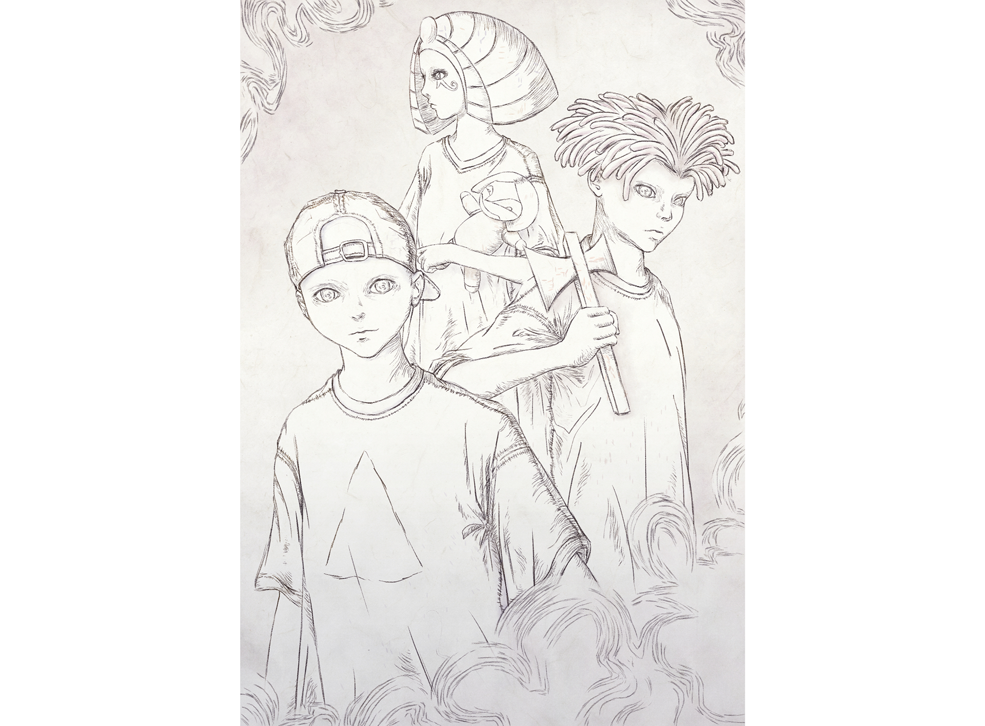 Lineart illustration of characters of comic strip series Escola de Deusinhos
