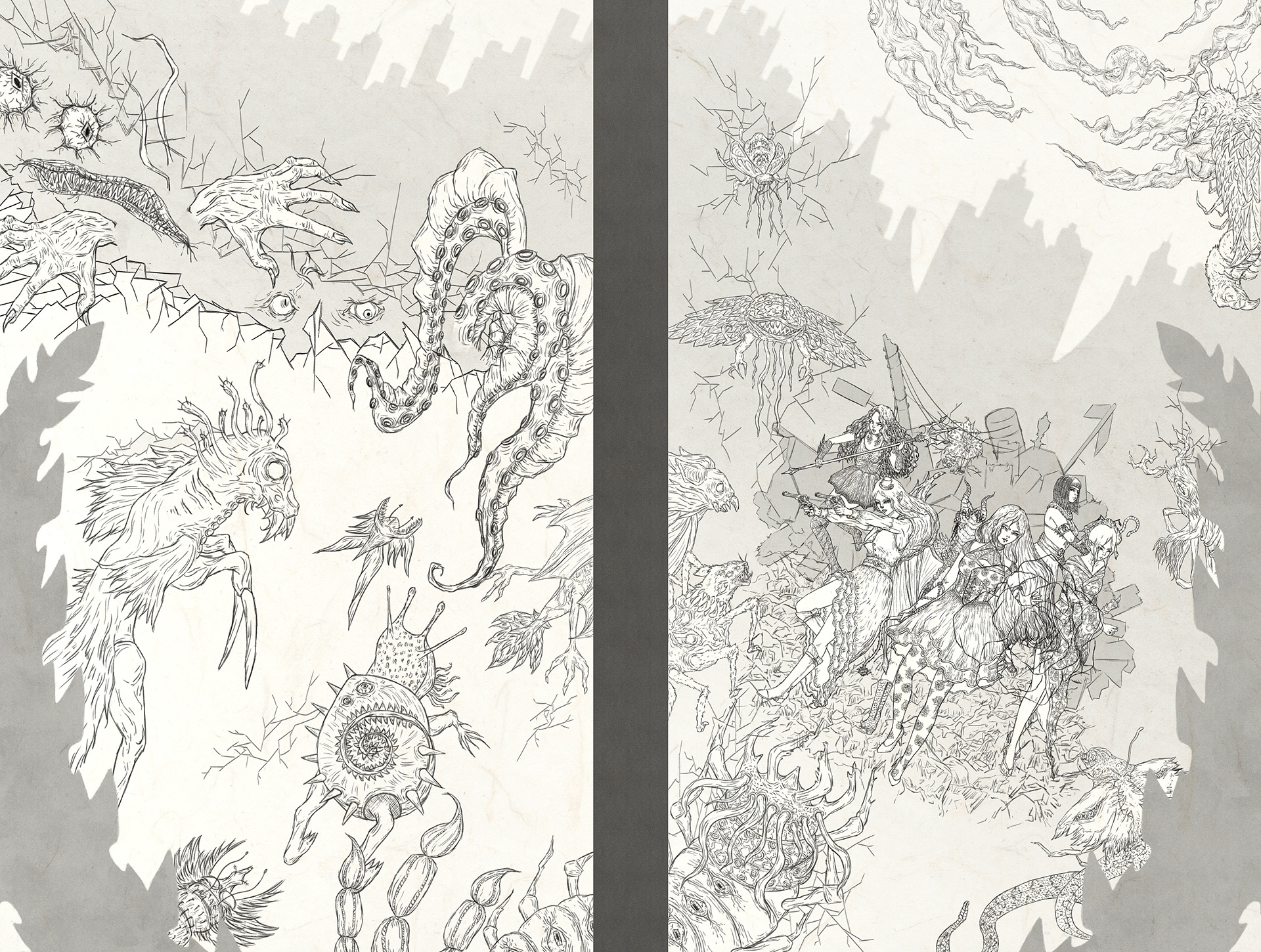 Lineart illustration Garotas-Monstro Os Deslumbres do Sonhar