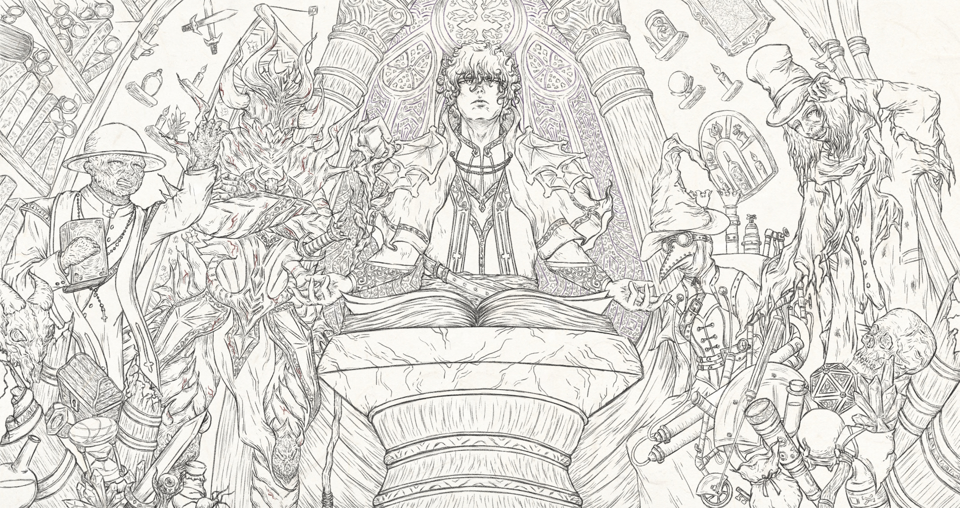 Lineart of illustration made to introduce the villains of the story in the book Monster Girls - Cruel Reality