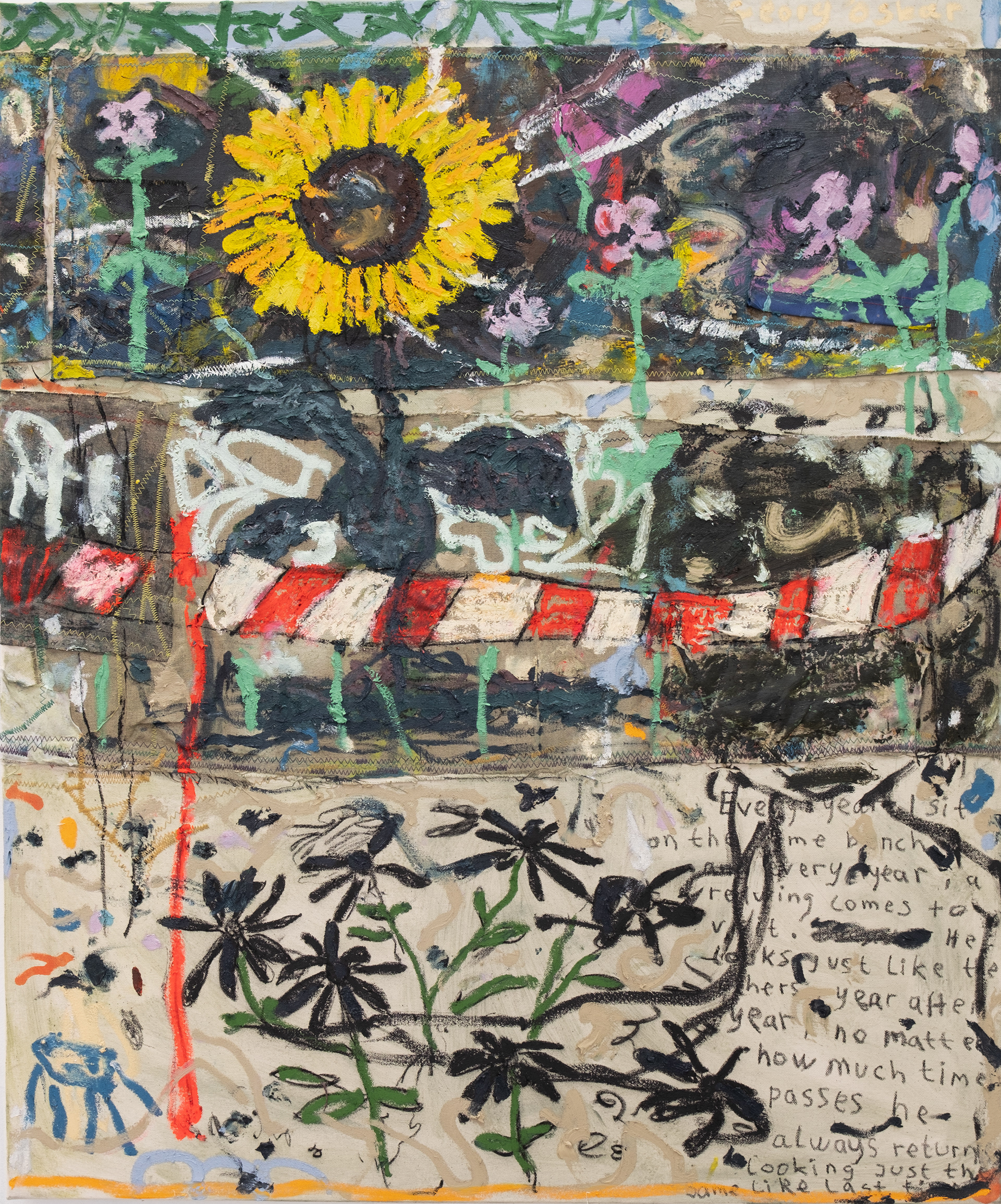 Song Trush, 120x80cm, oil, china marker on stitched canvas, 2025