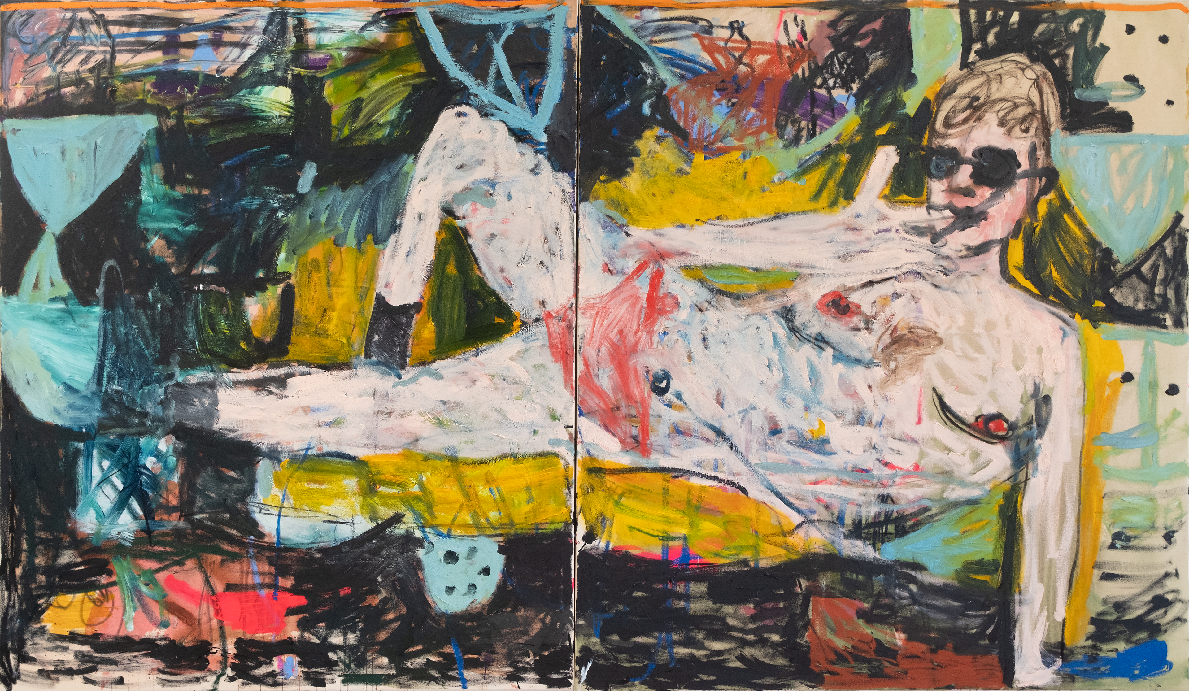 Coffee Break, 340 x 190 cm, acrylic and oil on canvas, 2023