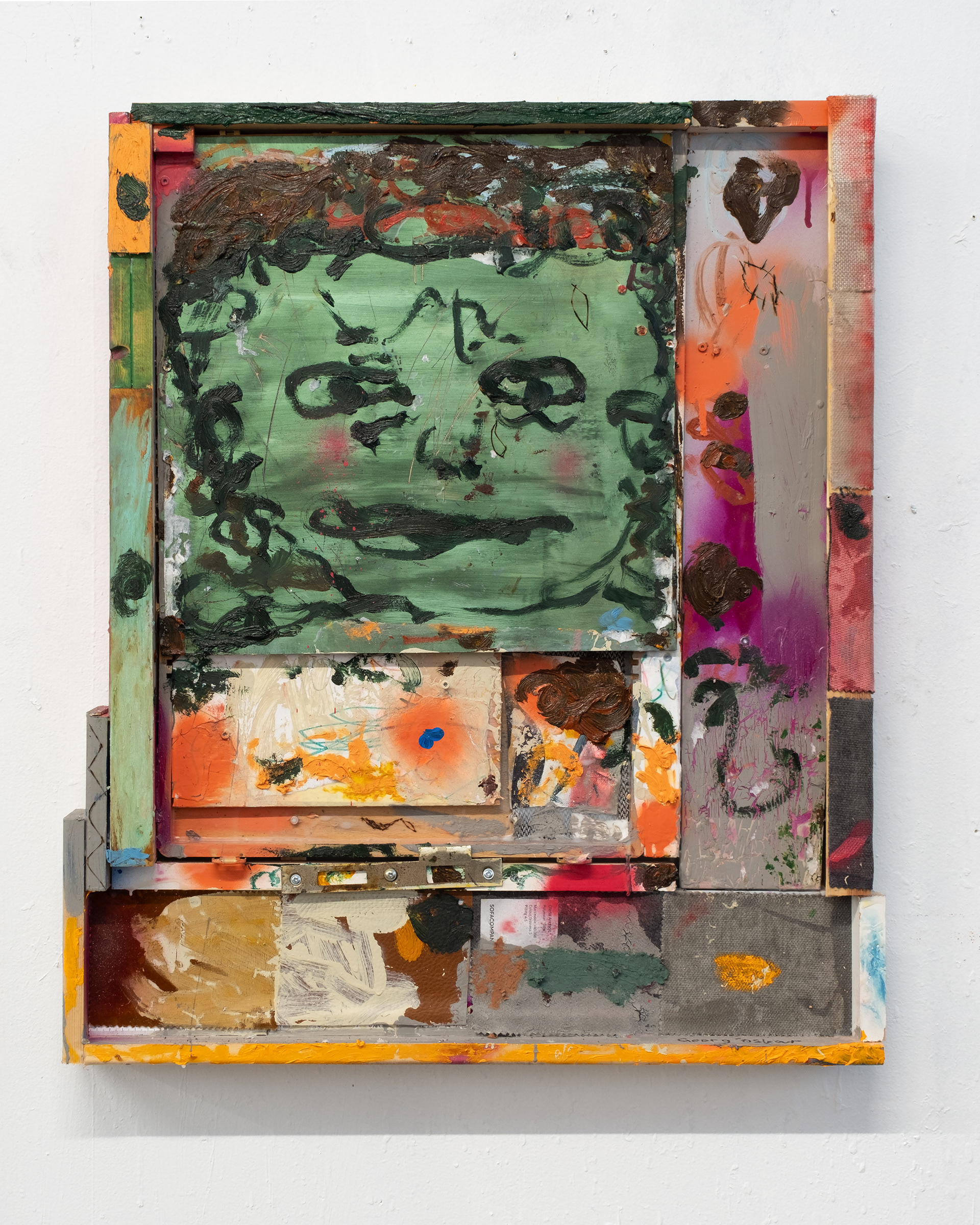 Kóbra, 70 x 55 cm, oil paint, wood, textile on wooden paint box, 2026