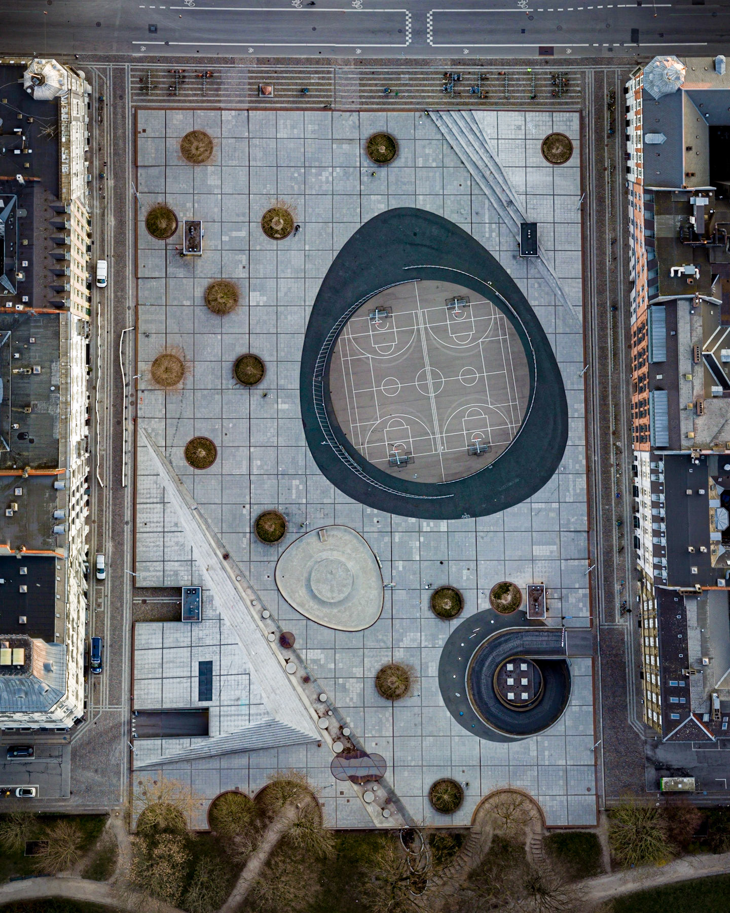 Copenhagen, Denmark - March 31, 2020: Aerial drone view Israels Plads and the market halls.