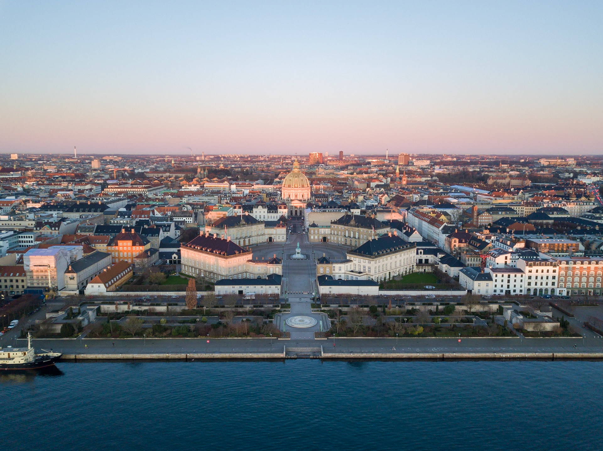 Copenhagen, Denmark - February 5, 2020: Aerial drone view of Amalienborg Palace and the Marble Church.