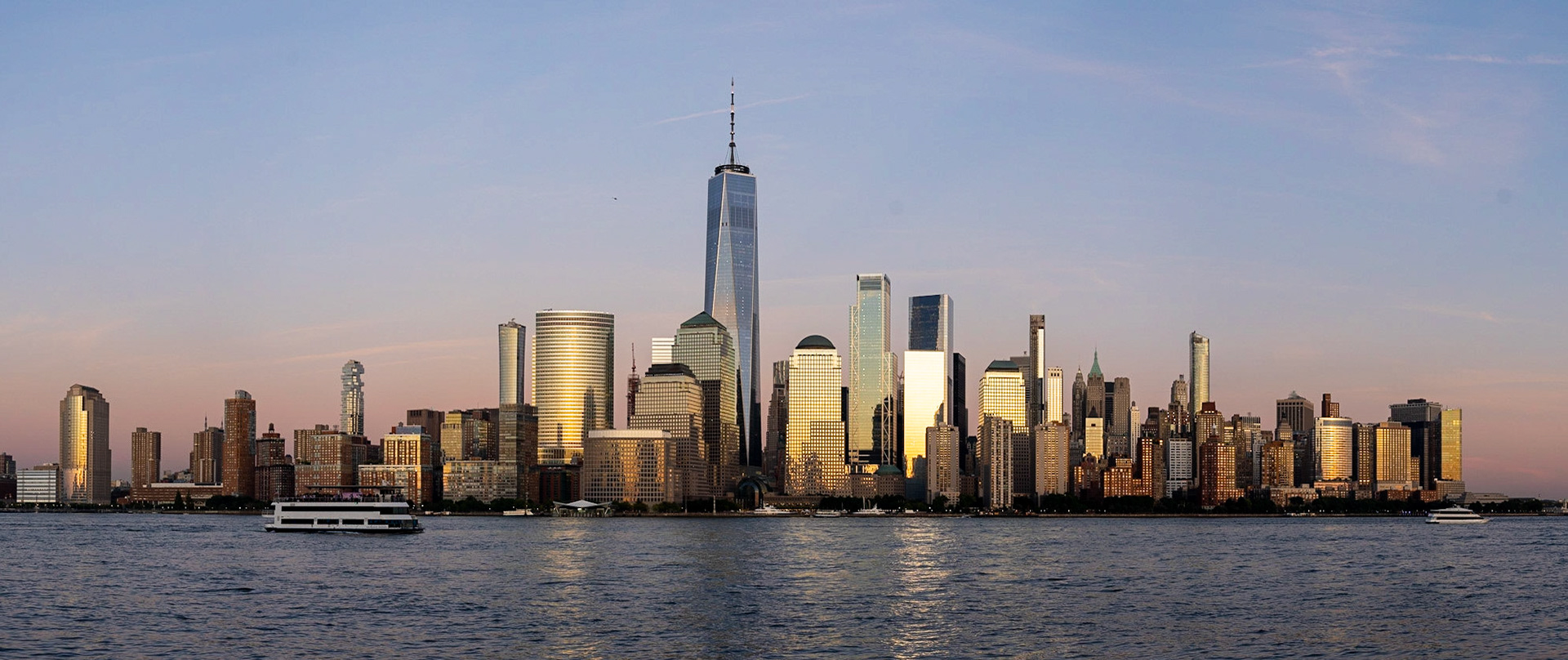 New York City, United States - September 18, 2019: Lower Manhattan skyline at night. View from Jersey City.