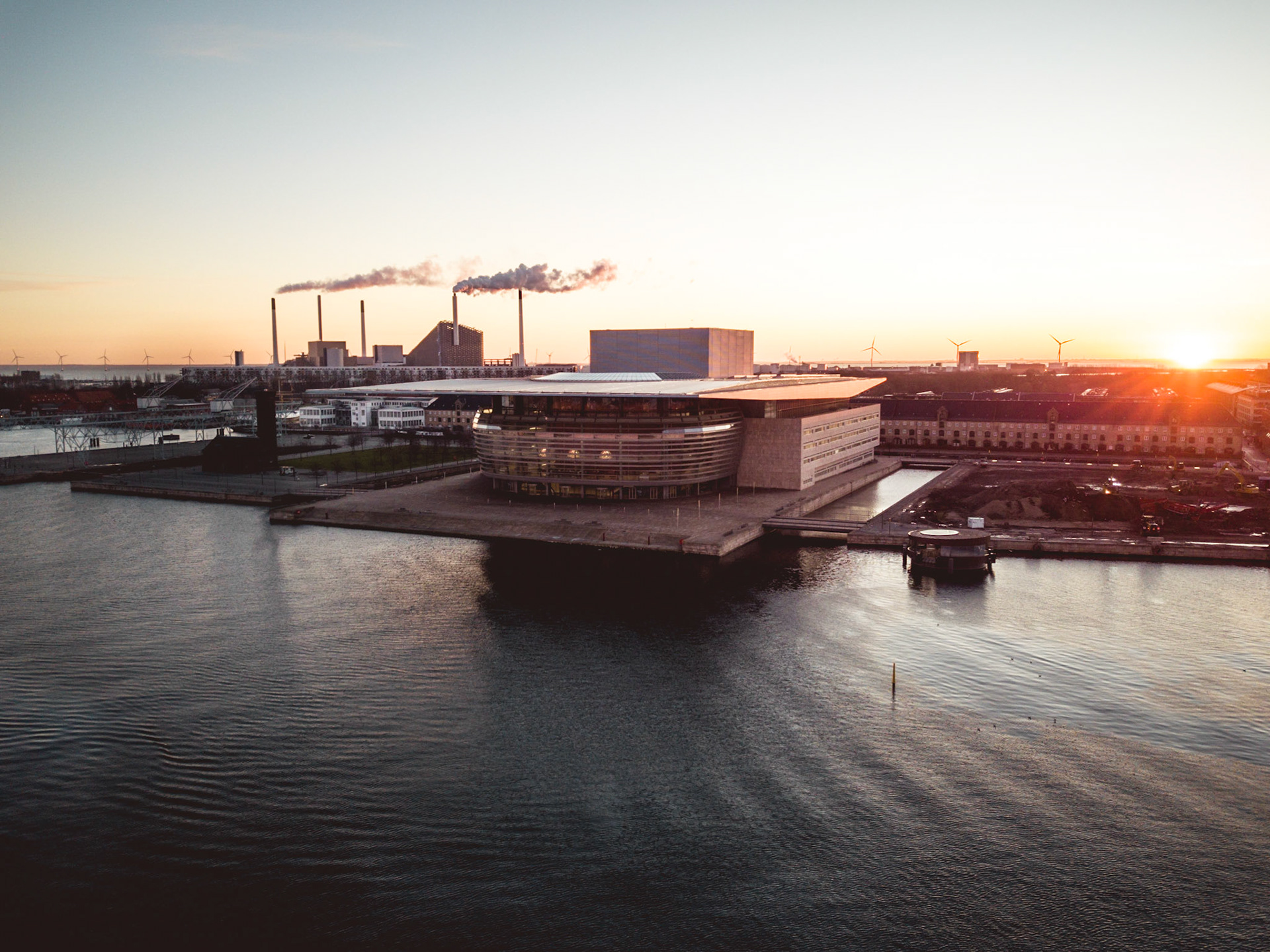 Copenhagen, Denmark - February 05, 2020: Aerial drone view of the Opera House at sunrise.