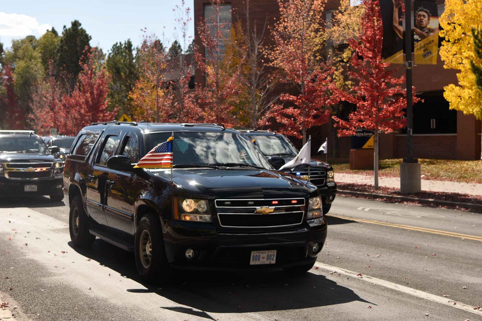 A Secret Service vehicle drives past Knoles Parking Garage as Vice President Kamala Harris arrives for her speech as part of her "Fight for Our Freedoms College Tour," Oct. 17. 