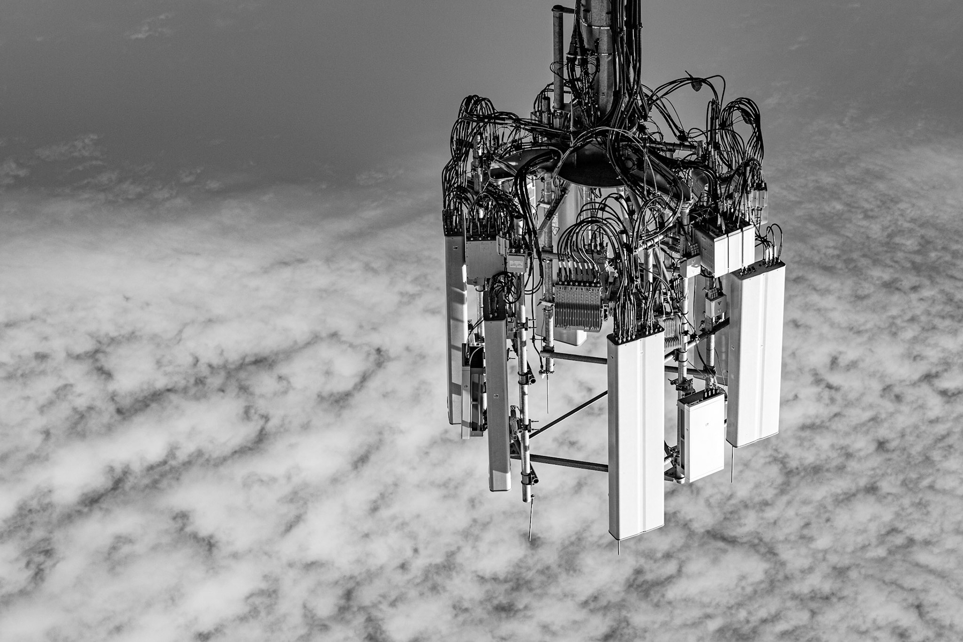 Antennas of a telecommunication tower, flipped to look like a satellite
