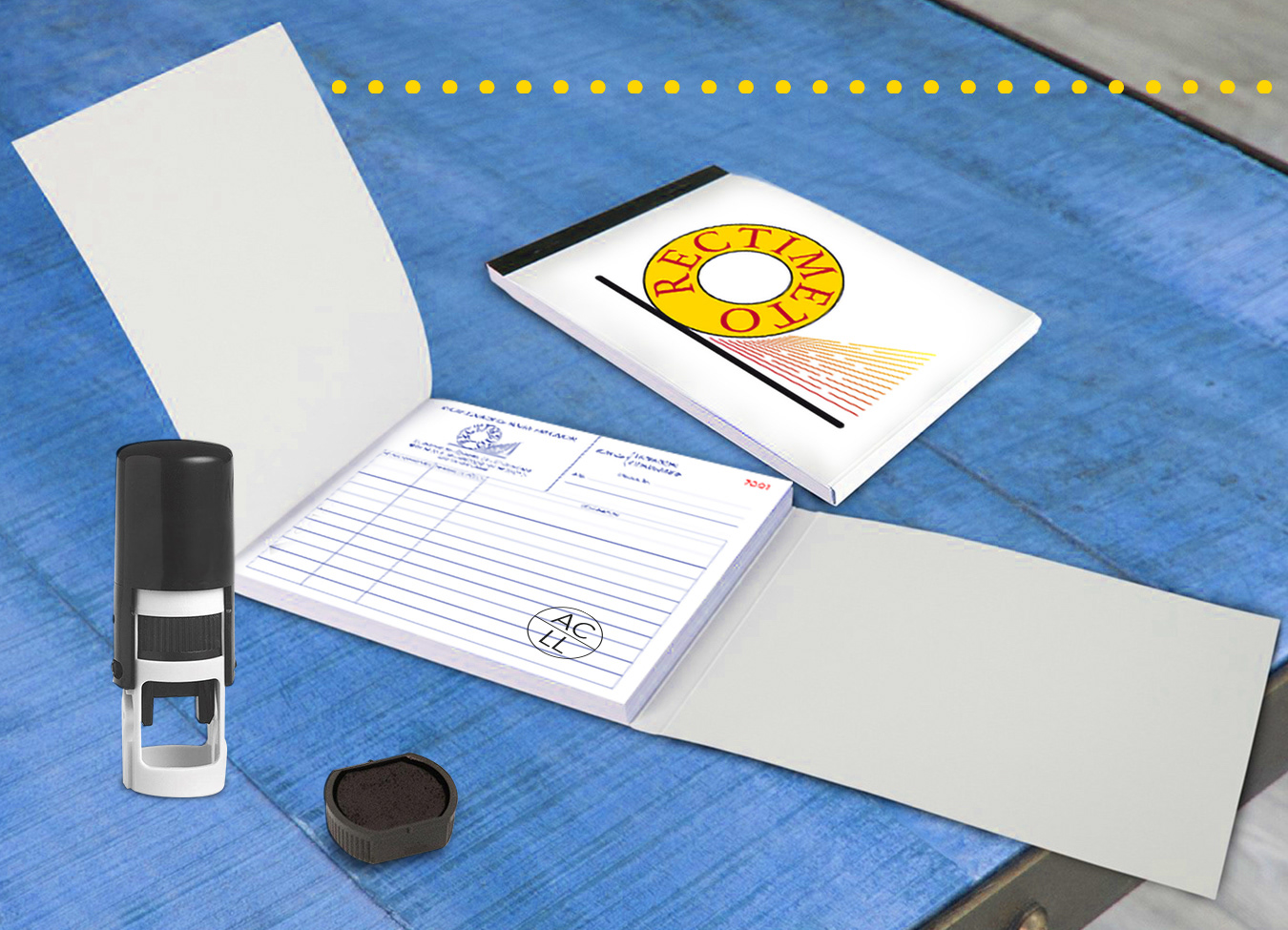 Tampon, recharge et carnet de feuilles autocopiantes numérotées Société "Rectimeto"