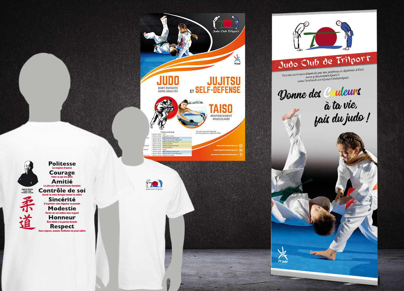 Tee-shirt à l'effigie du club, enrouleur et affiche Association "Judo Club de Trilport"